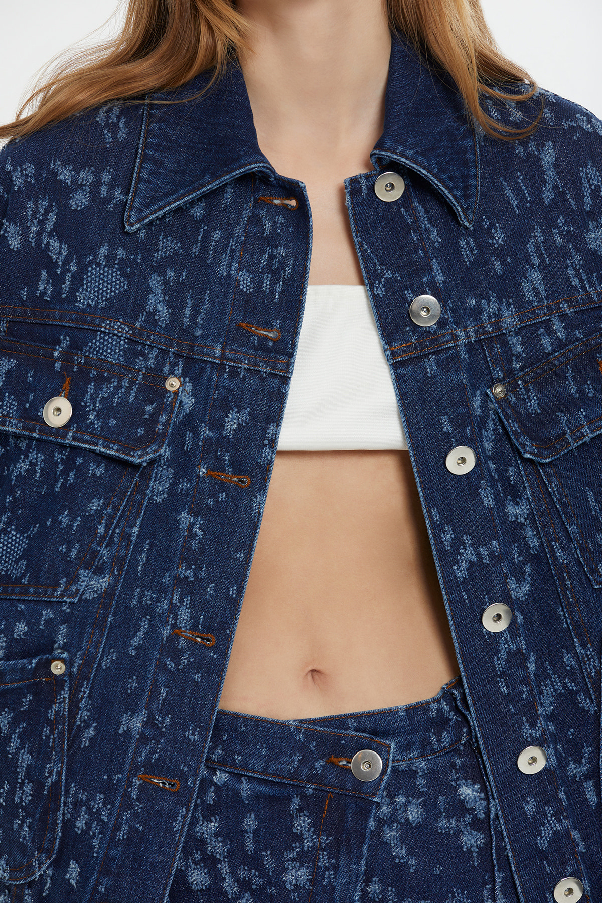 Desenli Lacivert Denim Ceket