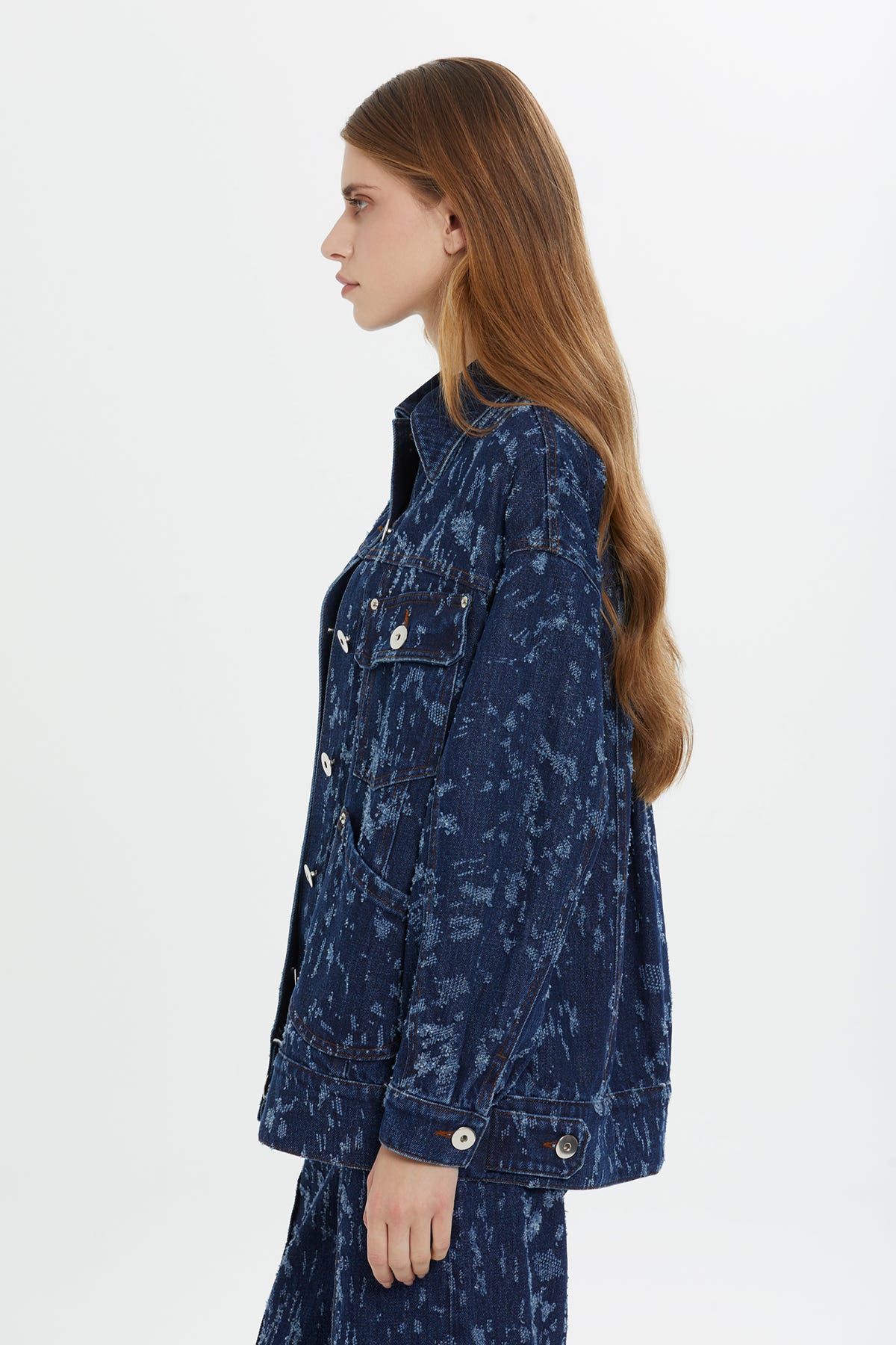 Desenli Lacivert Denim Ceket