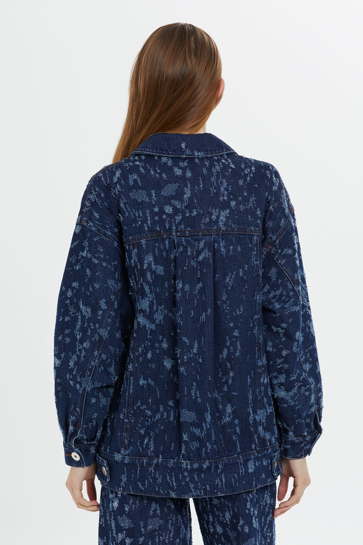 Desenli Lacivert Denim Ceket
