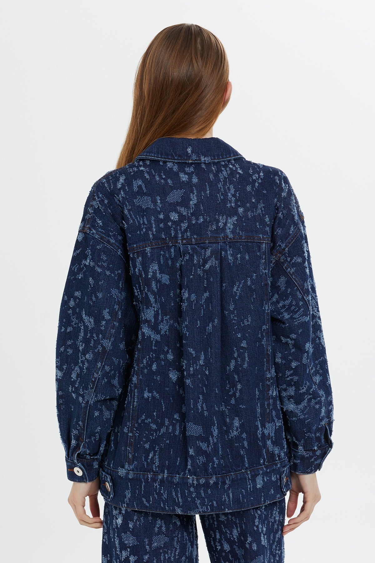 Desenli Lacivert Denim Ceket