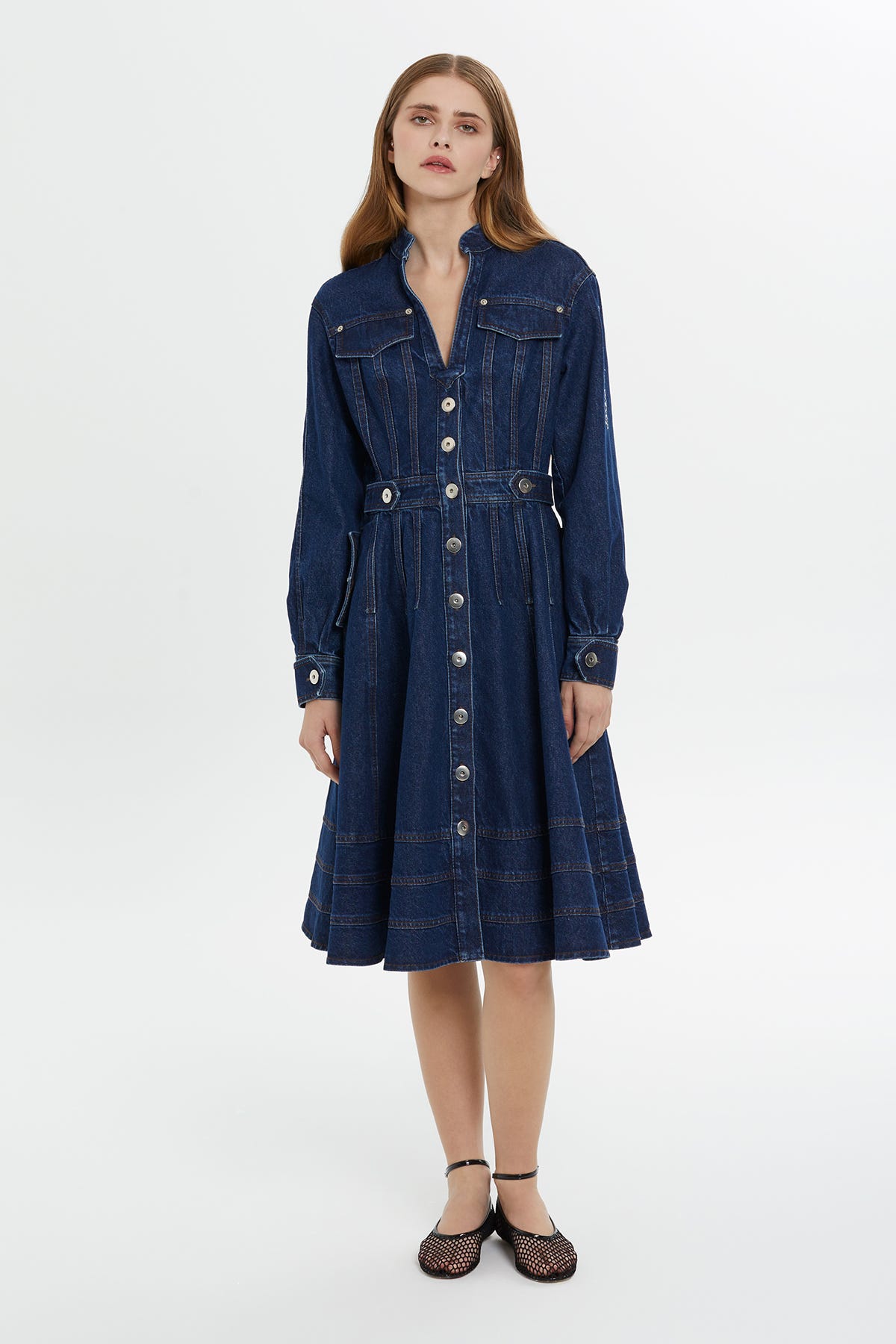 Düğme Detaylı Uzun Kollu Denim Midi Elbise