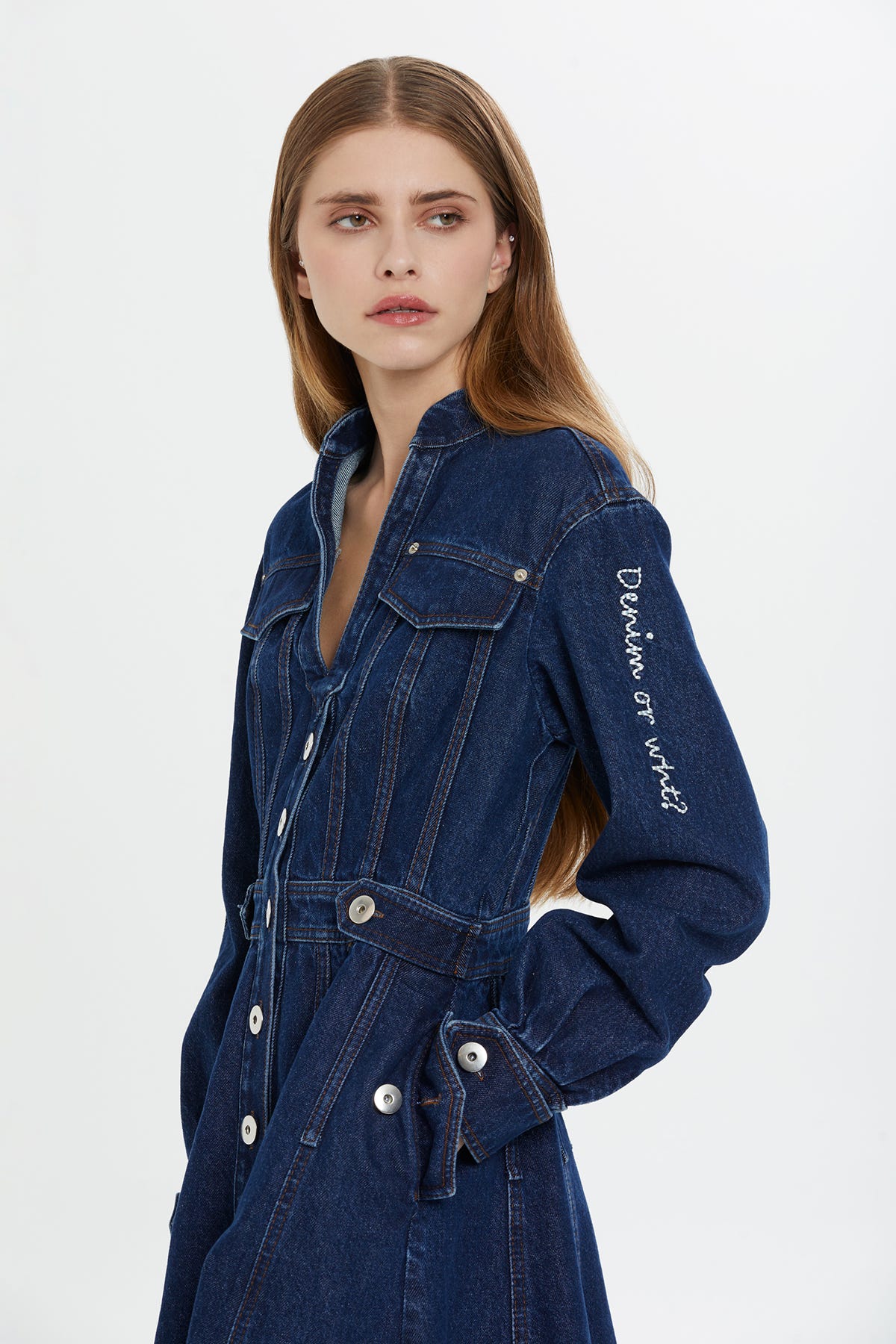 Düğme Detaylı Uzun Kollu Denim Midi Elbise