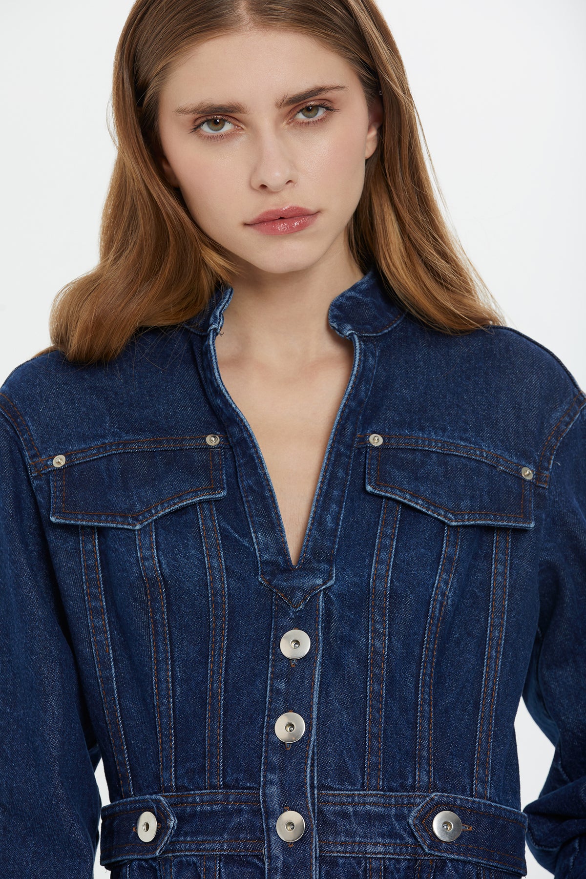 Düğme Detaylı Uzun Kollu Denim Midi Elbise