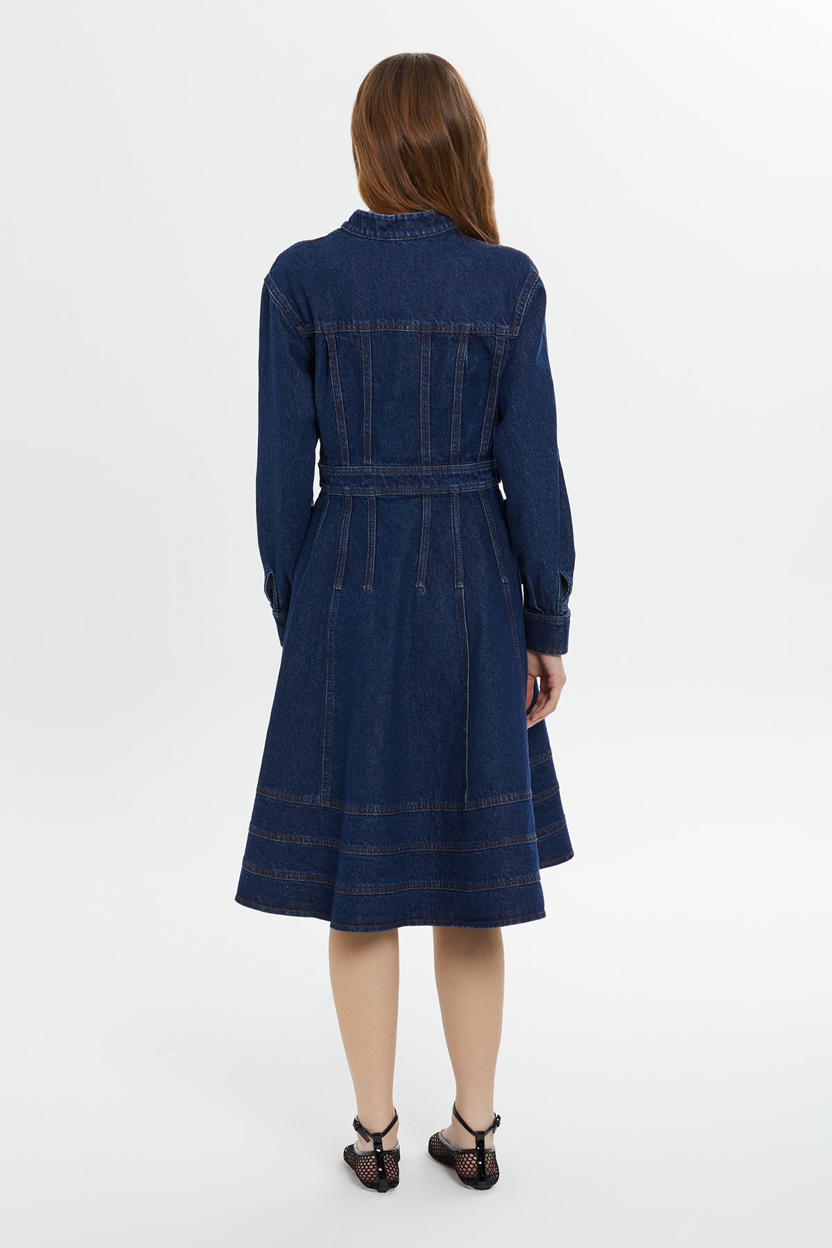 Düğme Detaylı Uzun Kollu Denim Midi Elbise