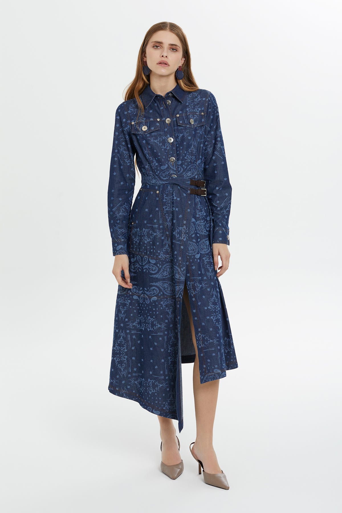 Desenli Yırtmaçlı Denim Midi Elbise