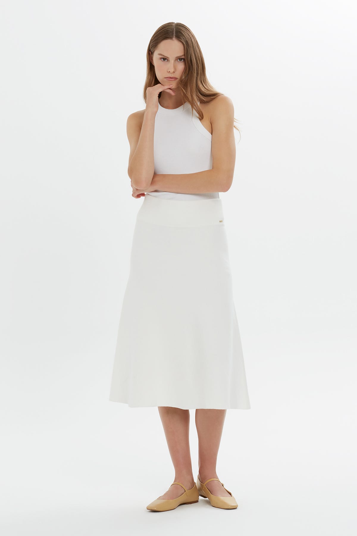 Logo Detaylı Yüksek Bel Midi Boy Triko Etek