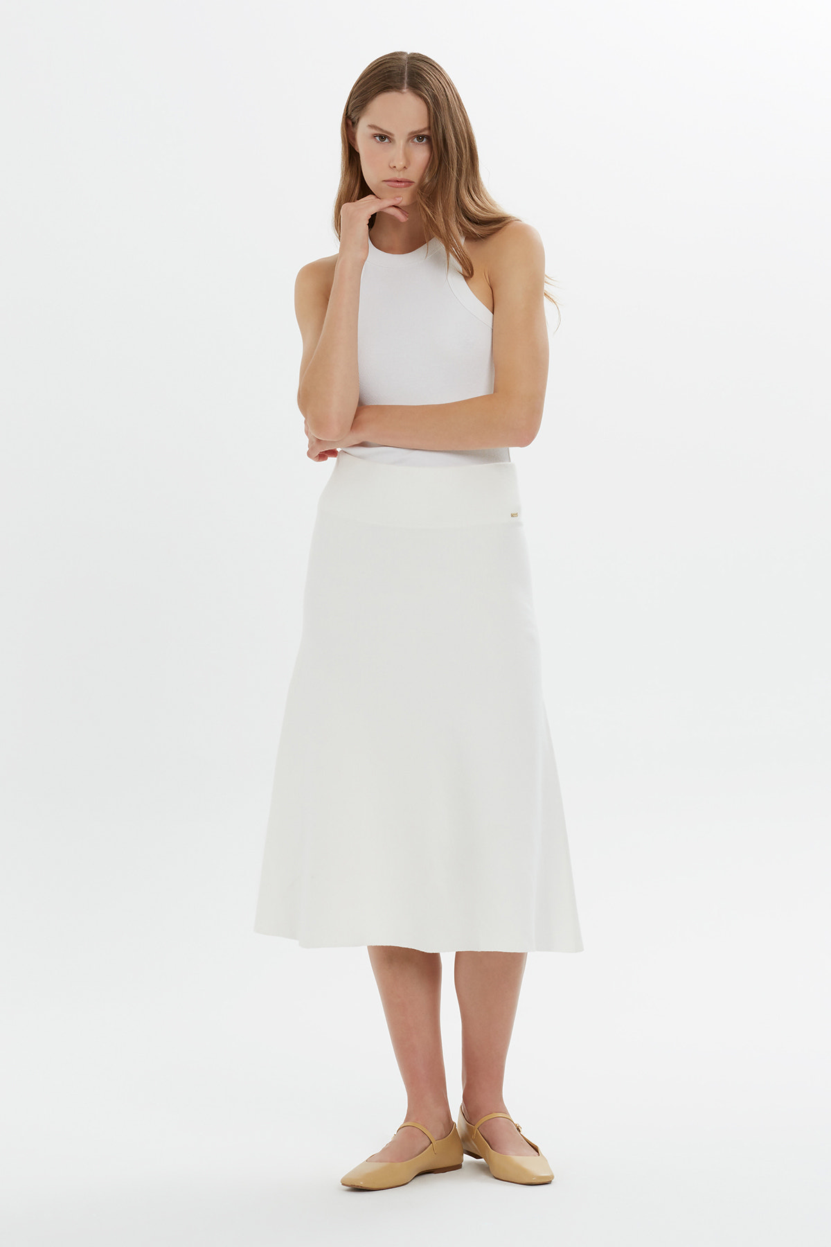 Logo Detaylı Yüksek Bel Midi Boy Triko Etek