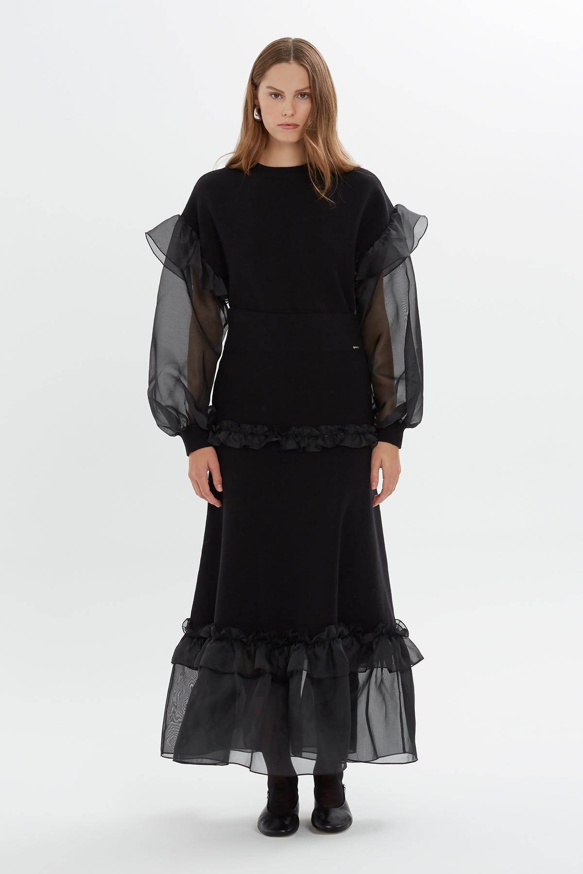 Organze Detaylı Maxi Boy Triko Etek