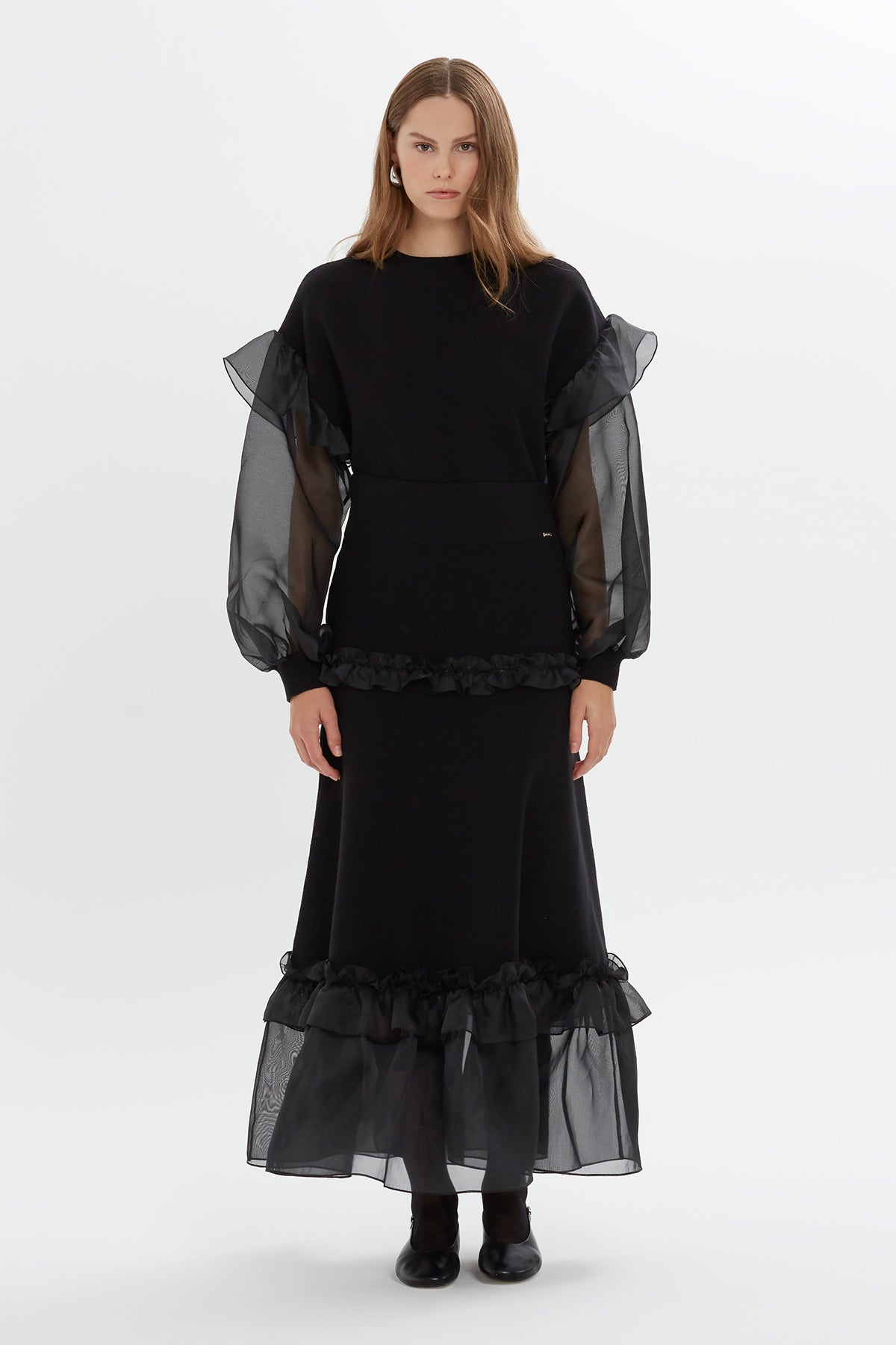 Organze Detaylı Maxi Boy Triko Etek