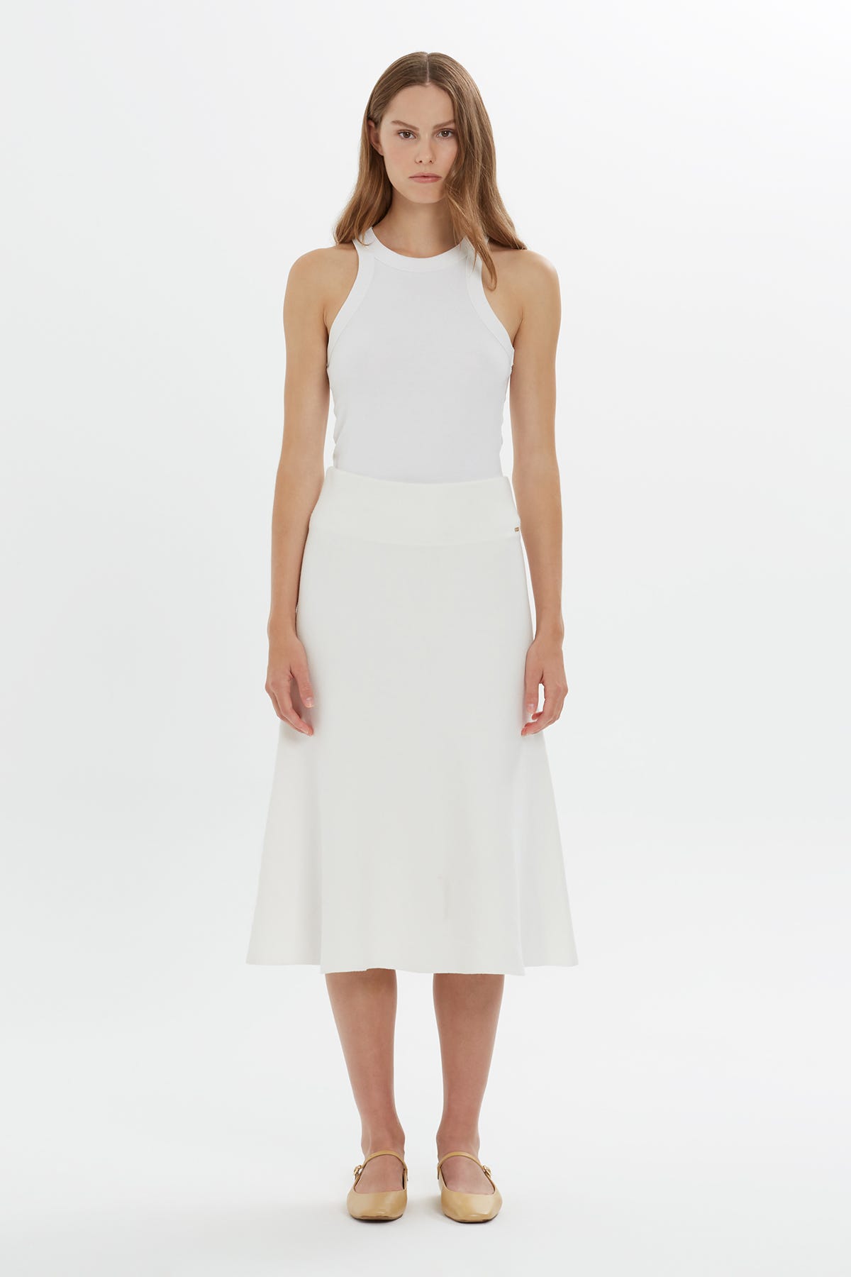 Logo Detaylı Yüksek Bel Midi Boy Triko Etek