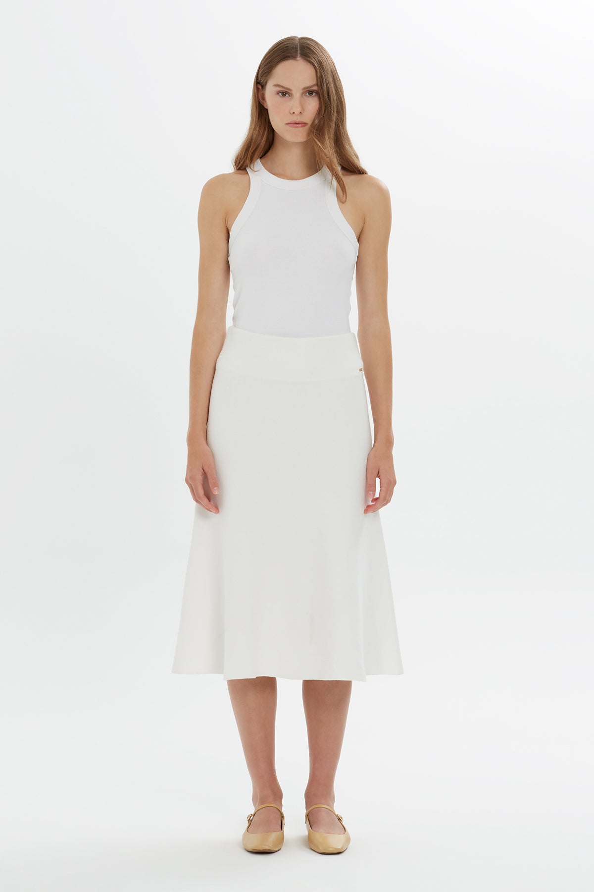 Logo Detaylı Yüksek Bel Midi Boy Triko Etek