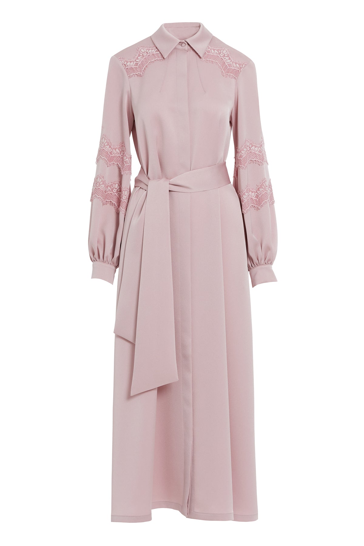 Gömlek Yaka Dantel Detaylı Seyyar Kuşaklı Maxi Elbise