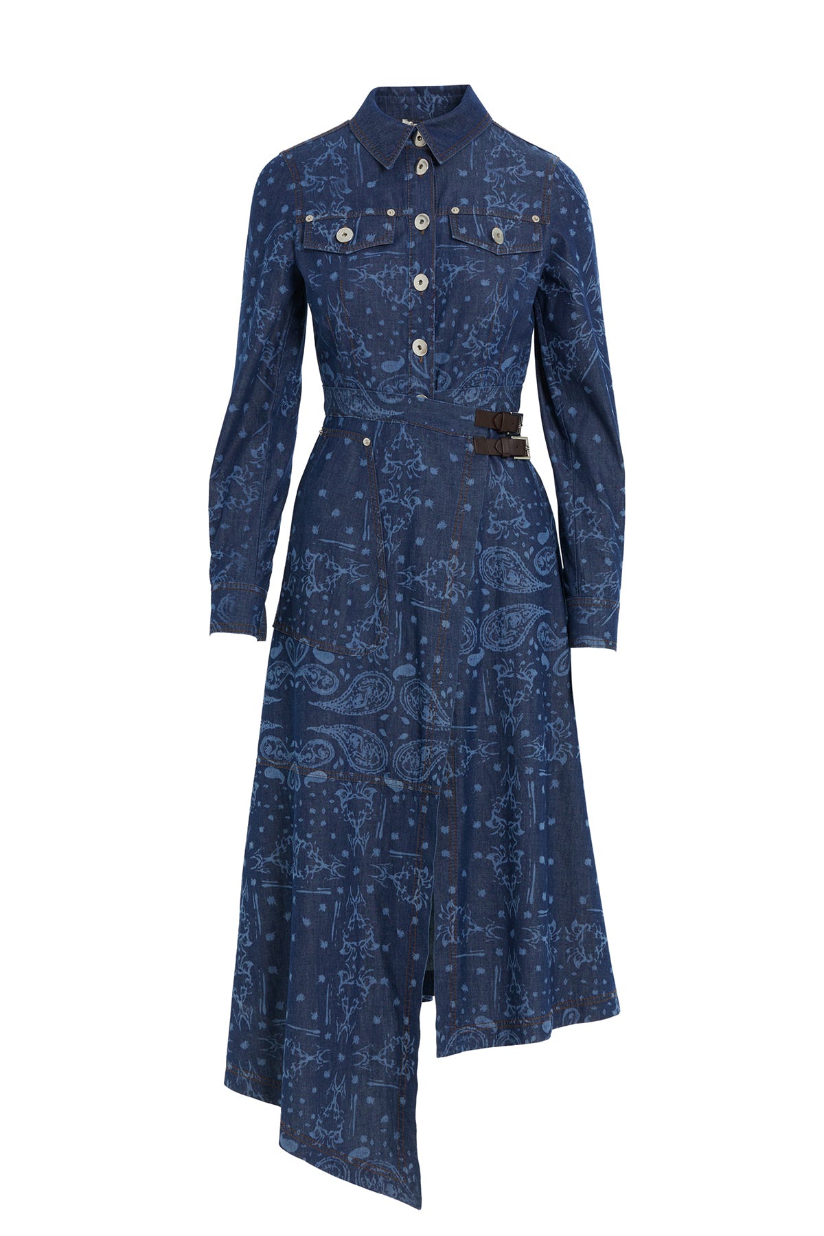 Desenli Yırtmaçlı Denim Midi Elbise