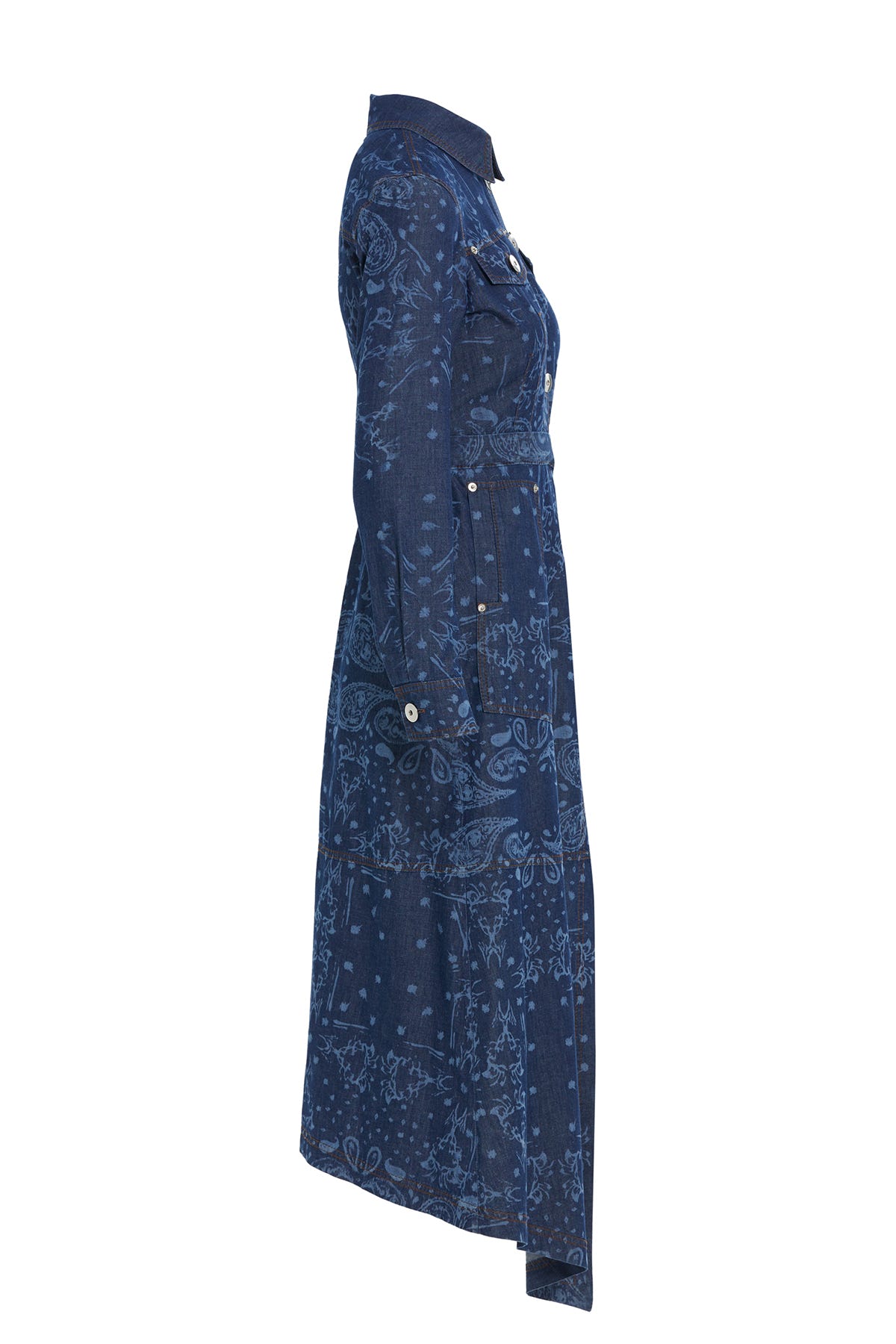 Desenli Yırtmaçlı Denim Midi Elbise