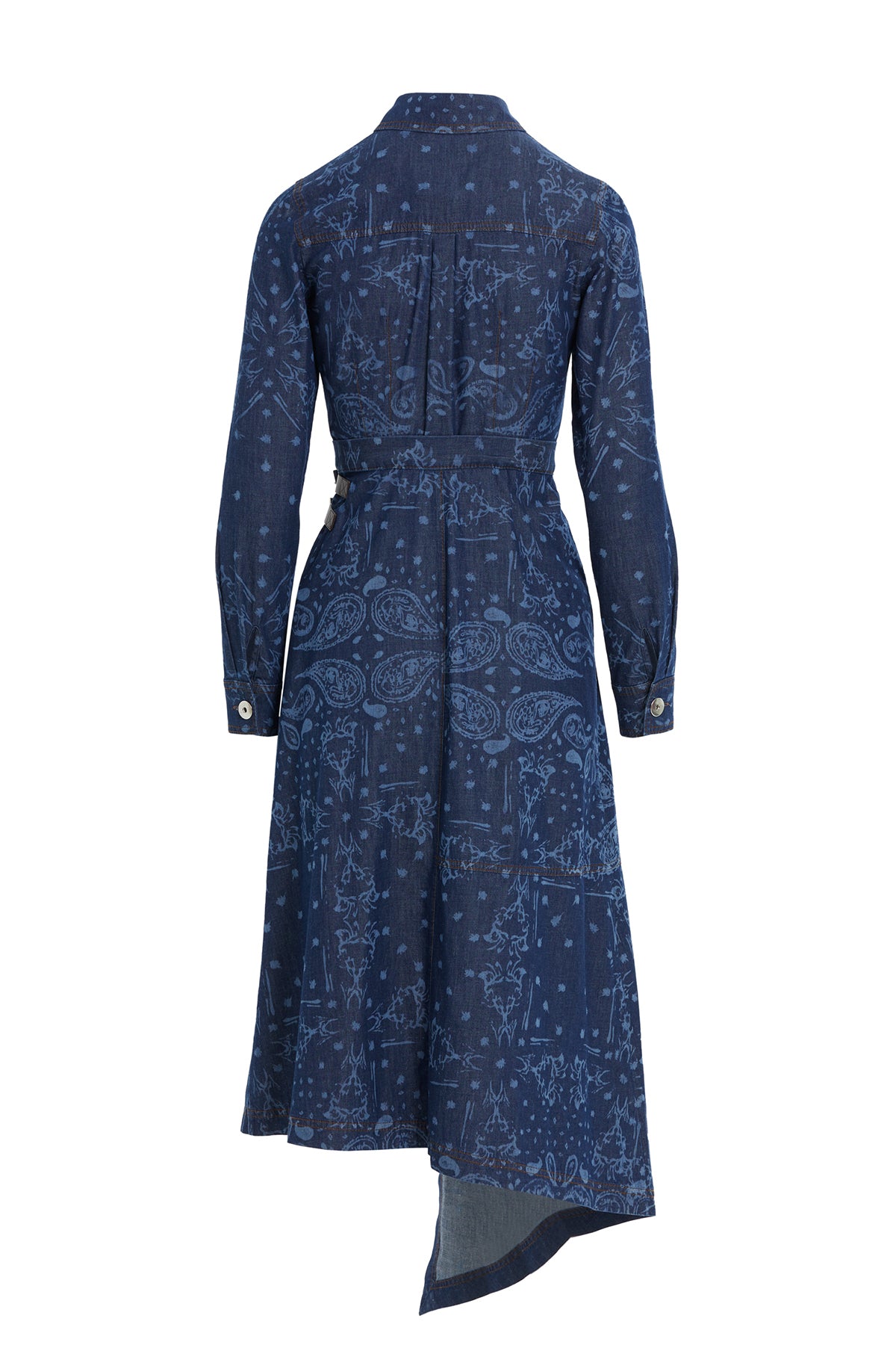 Desenli Yırtmaçlı Denim Midi Elbise