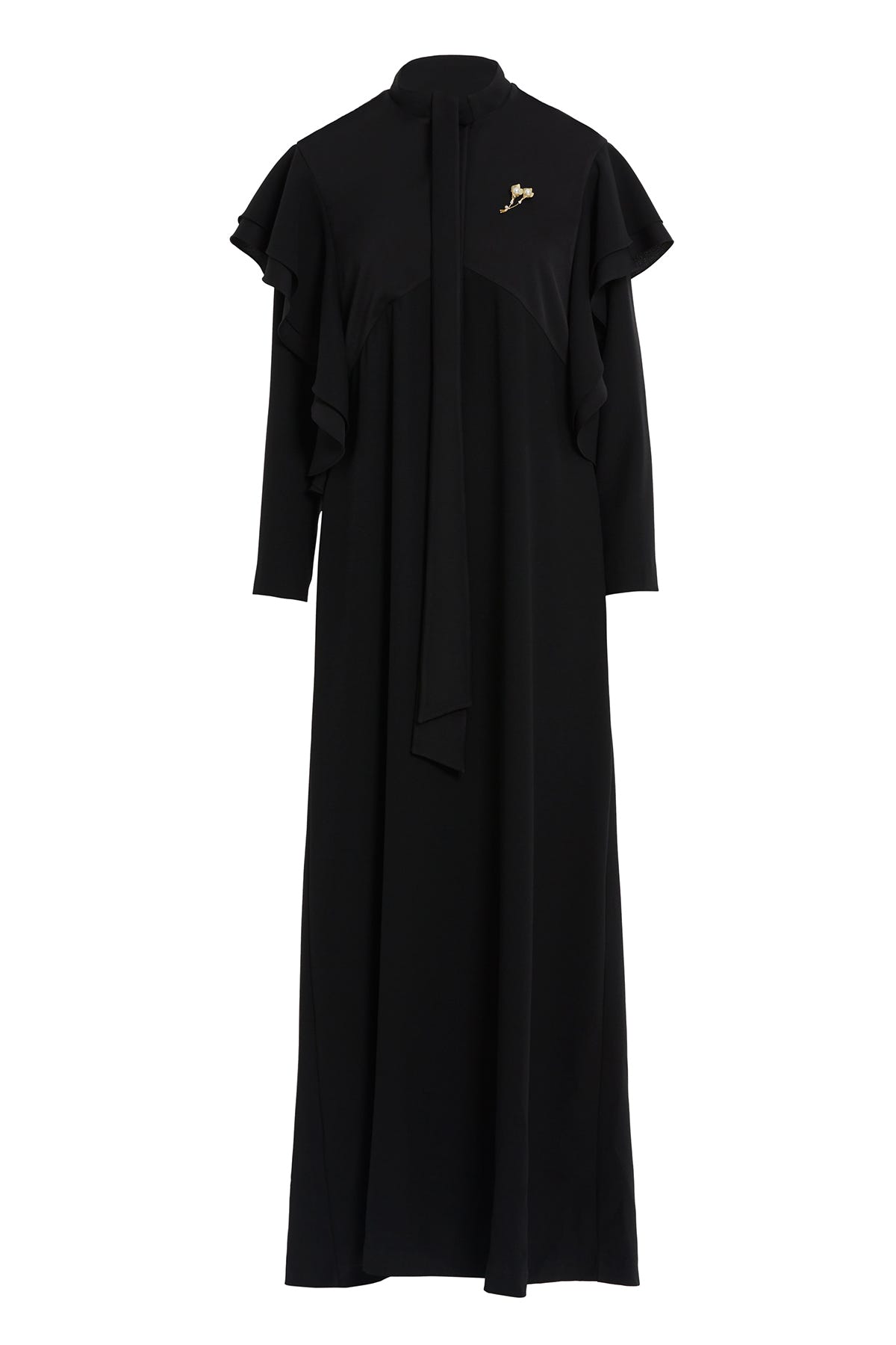 Boyundan Bağlamalı Omuzdan Volanlı Uzun Elbise