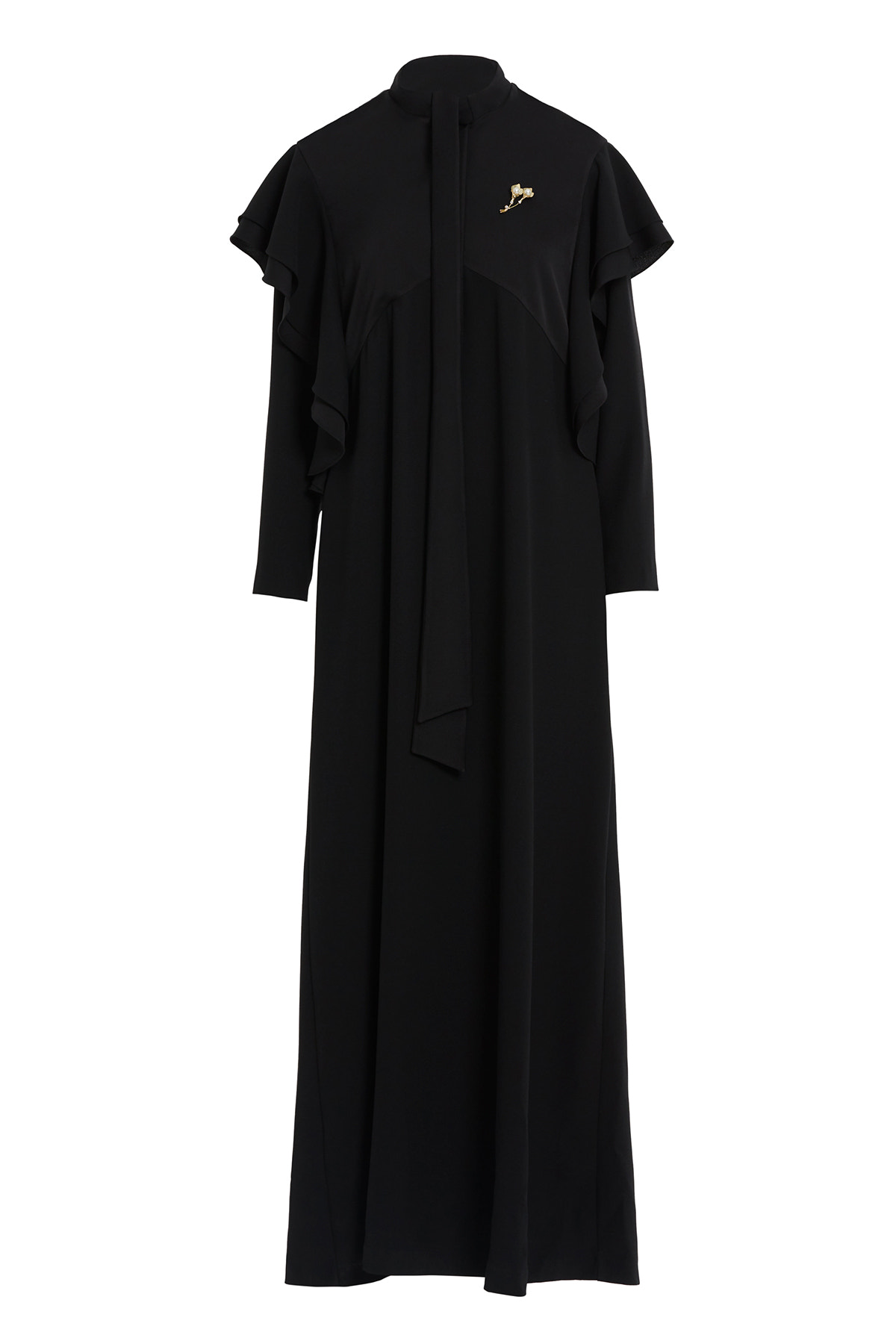 Boyundan Bağlamalı Omuzdan Volanlı Uzun Elbise