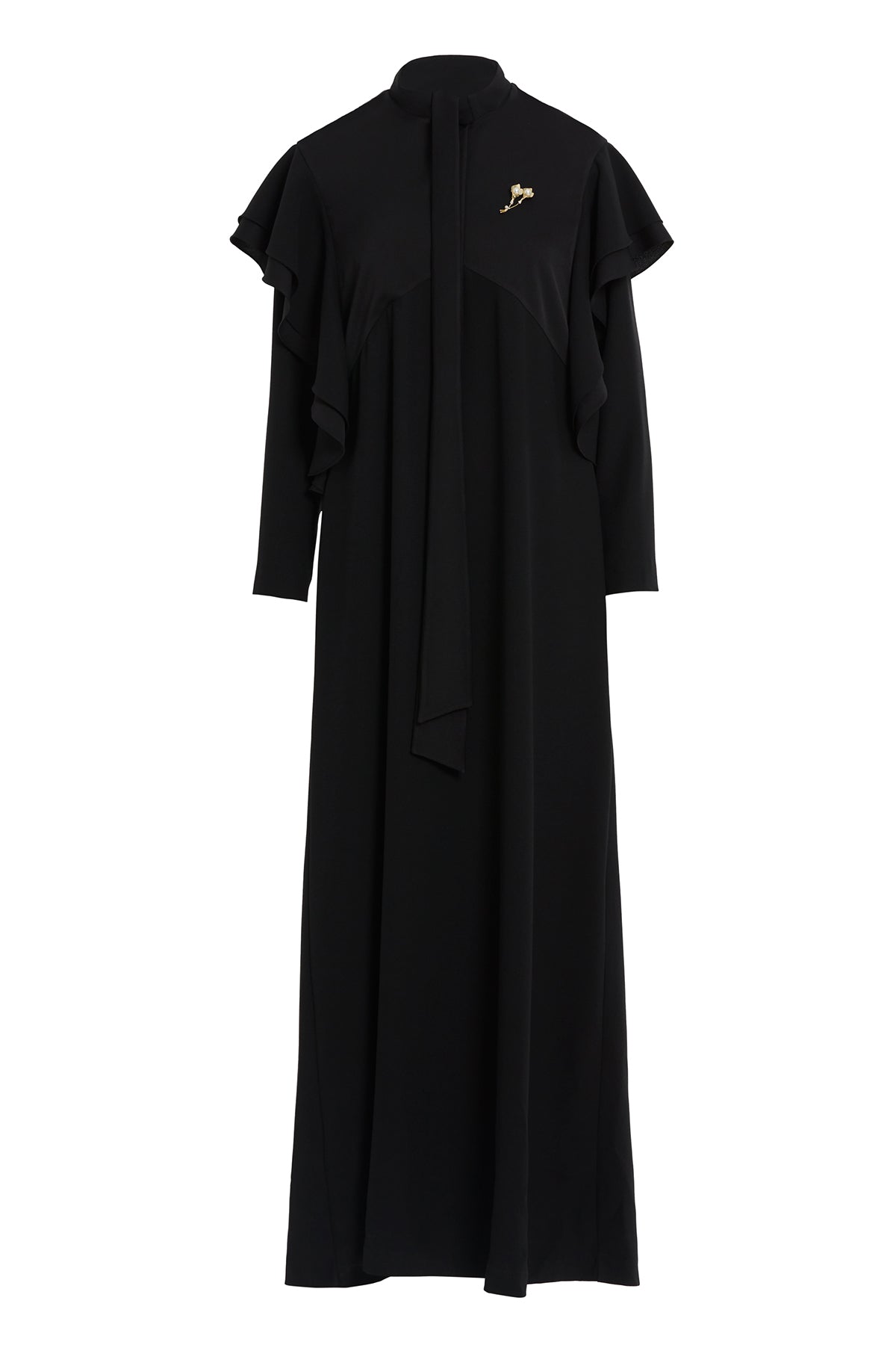 Boyundan Bağlamalı Omuzdan Volanlı Uzun Elbise