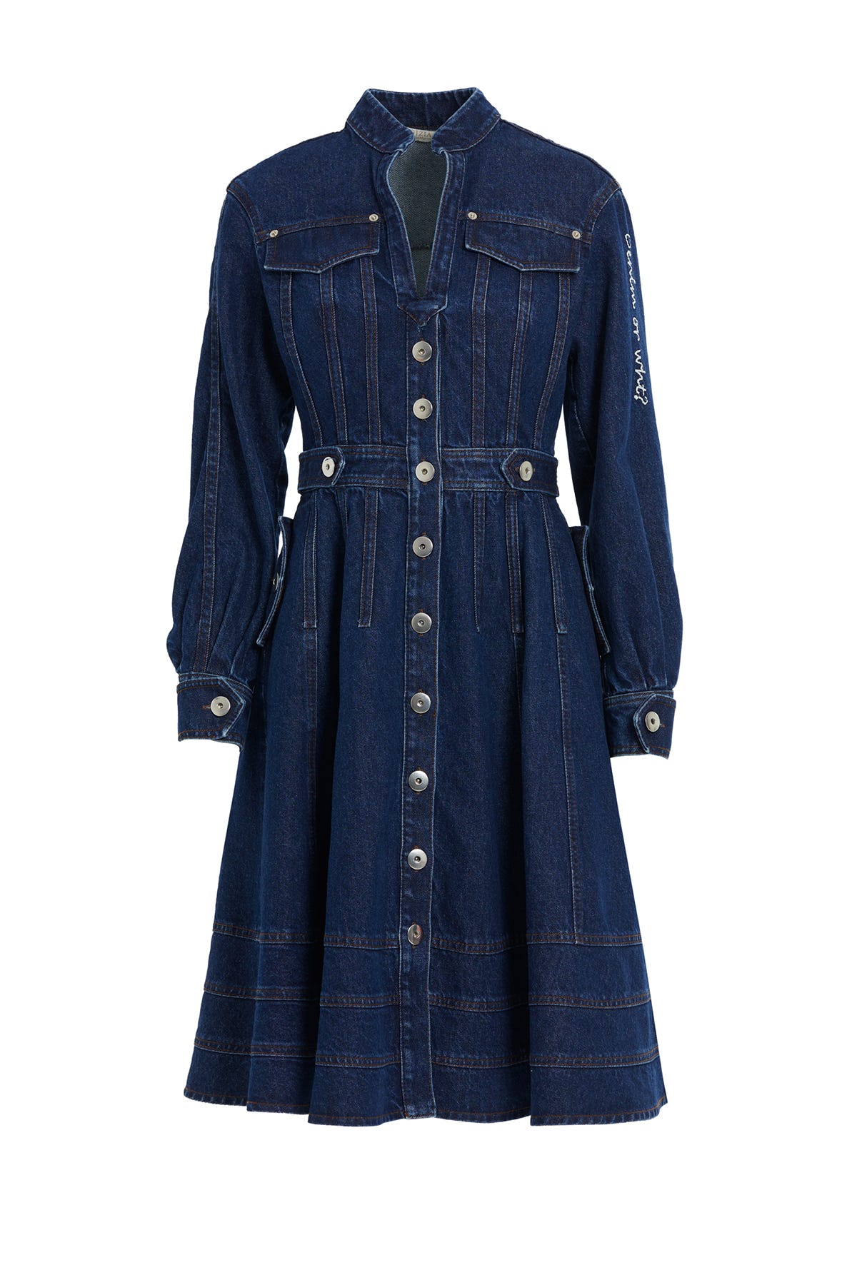 Düğme Detaylı Uzun Kollu Denim Midi Elbise