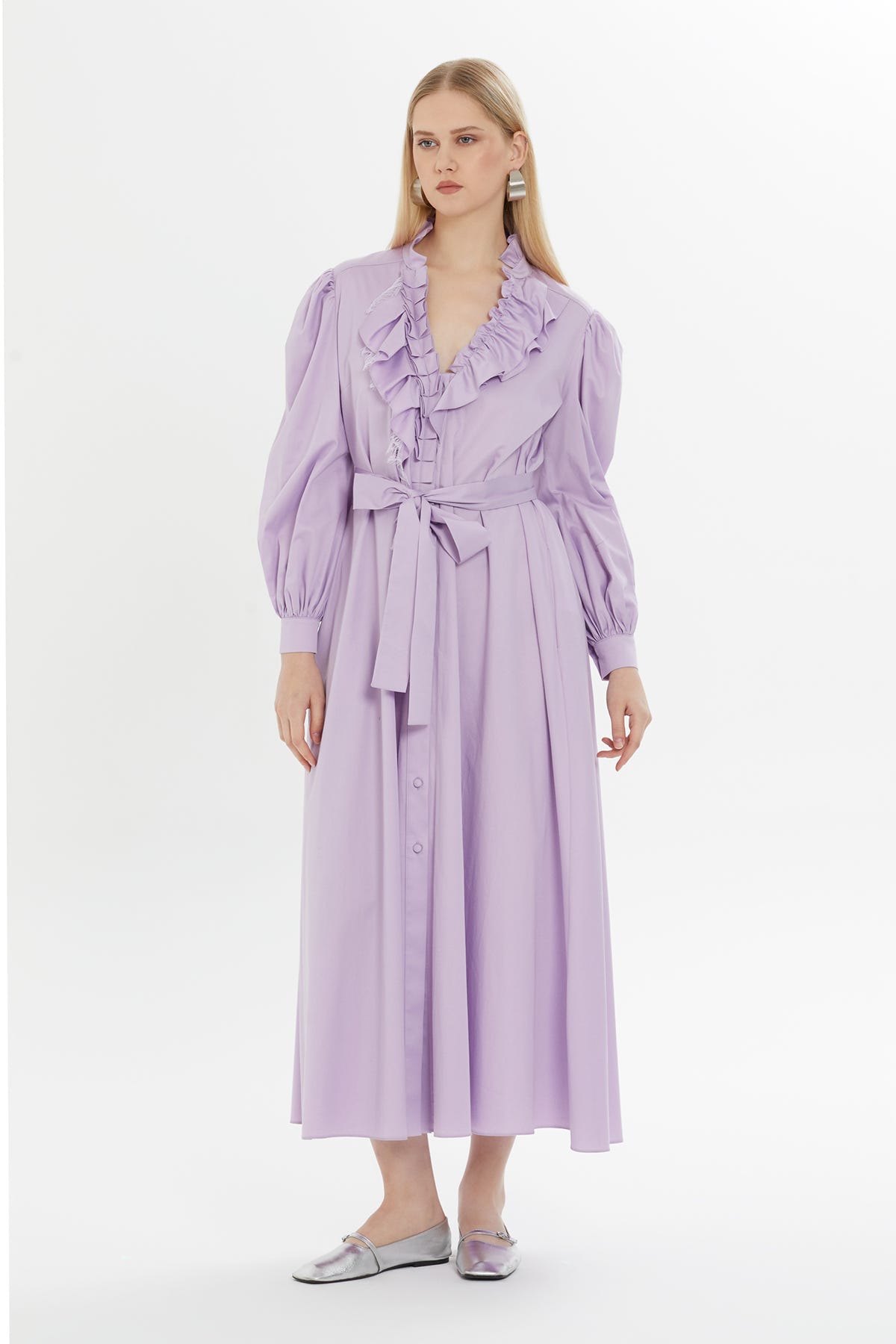Fırfır Detaylı Belden Bağlamalı Maxi Astarlı Elbise