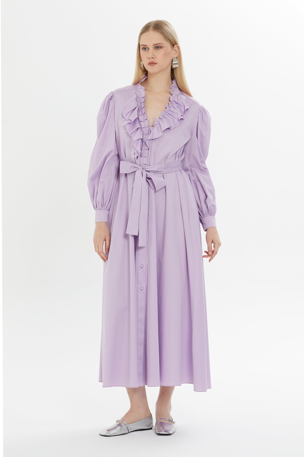 Fırfır Detaylı Belden Bağlamalı Maxi Astarlı Elbise