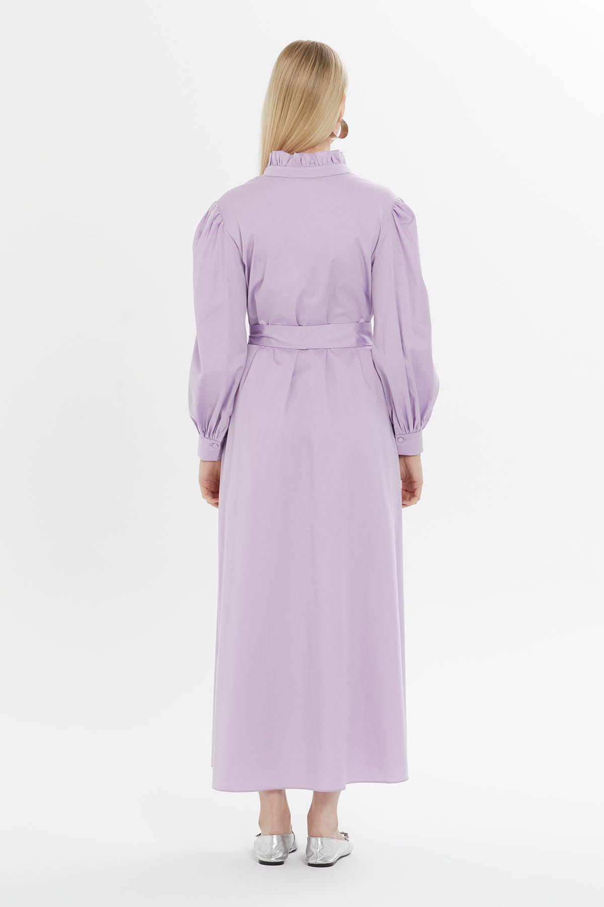 Fırfır Detaylı Belden Bağlamalı Maxi Astarlı Elbise