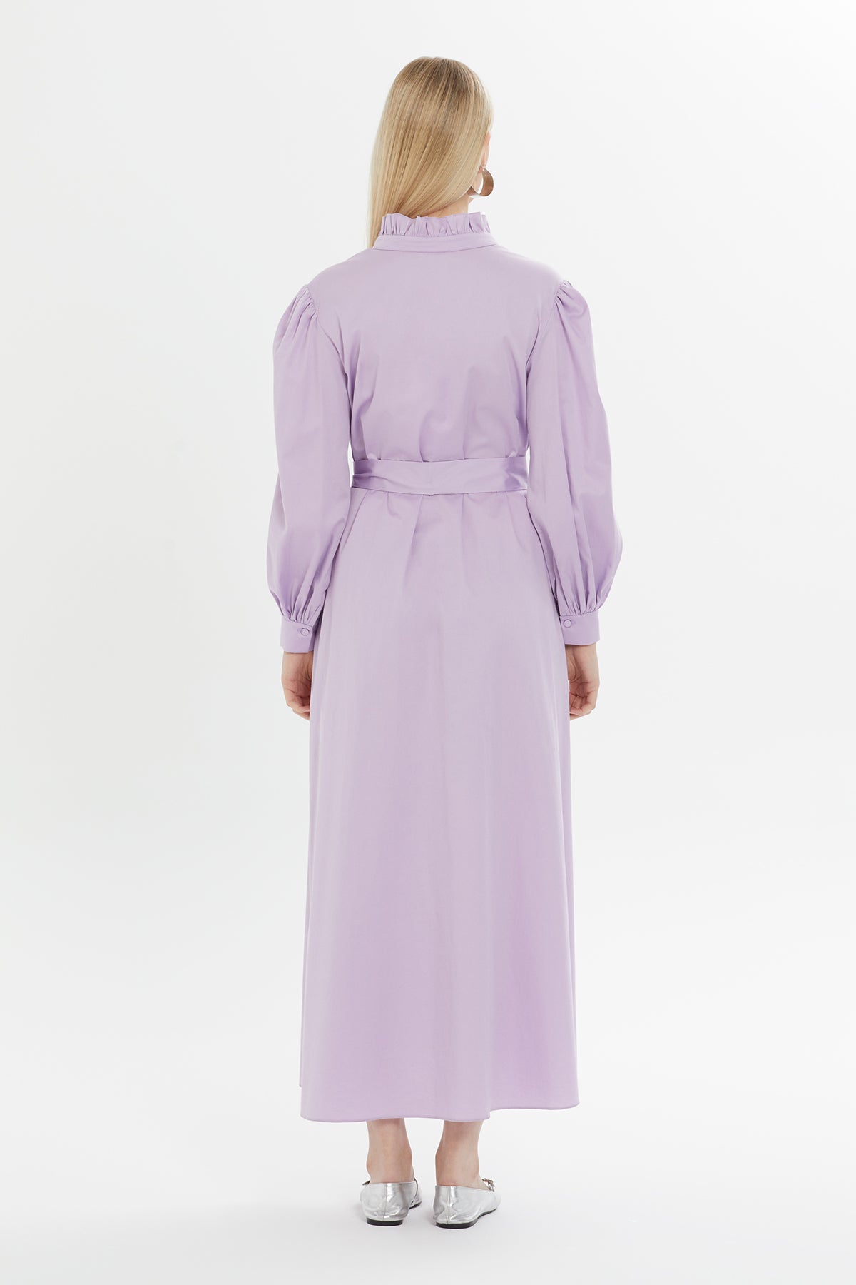 Fırfır Detaylı Belden Bağlamalı Maxi Astarlı Elbise