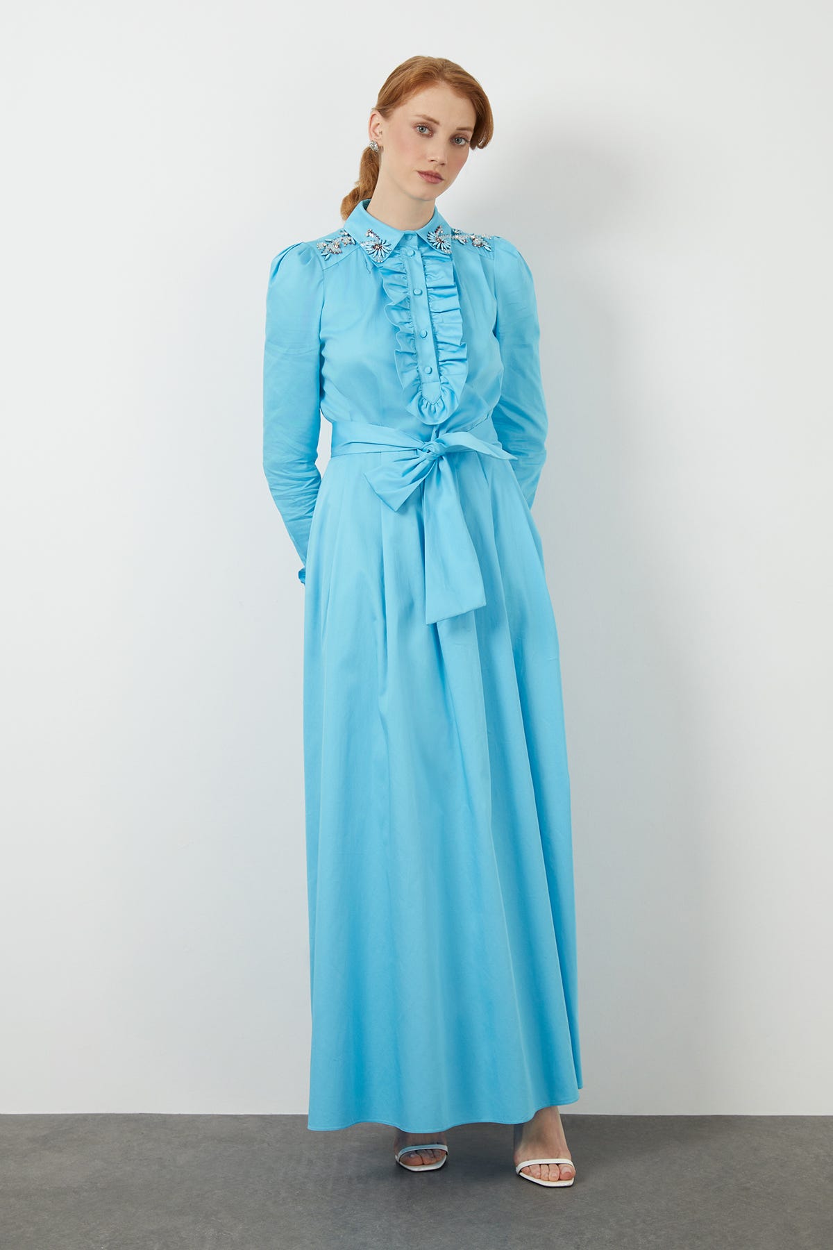 Gömlek Yakalı Seyyar Kuşaklı Turkuaz Uzun Elbise