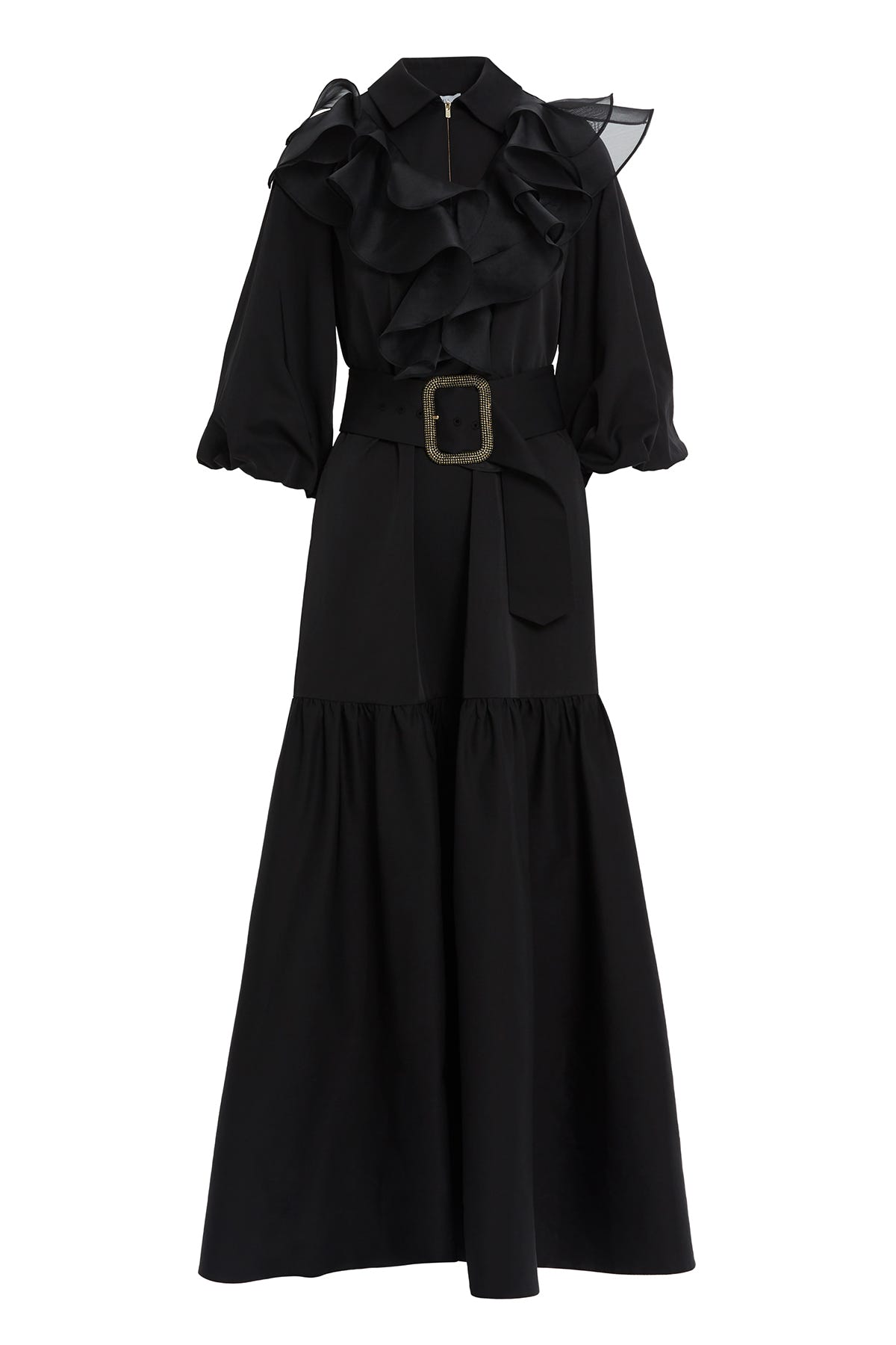 Fırfır Detaylı Truvakar Kollu Uzun Elbise