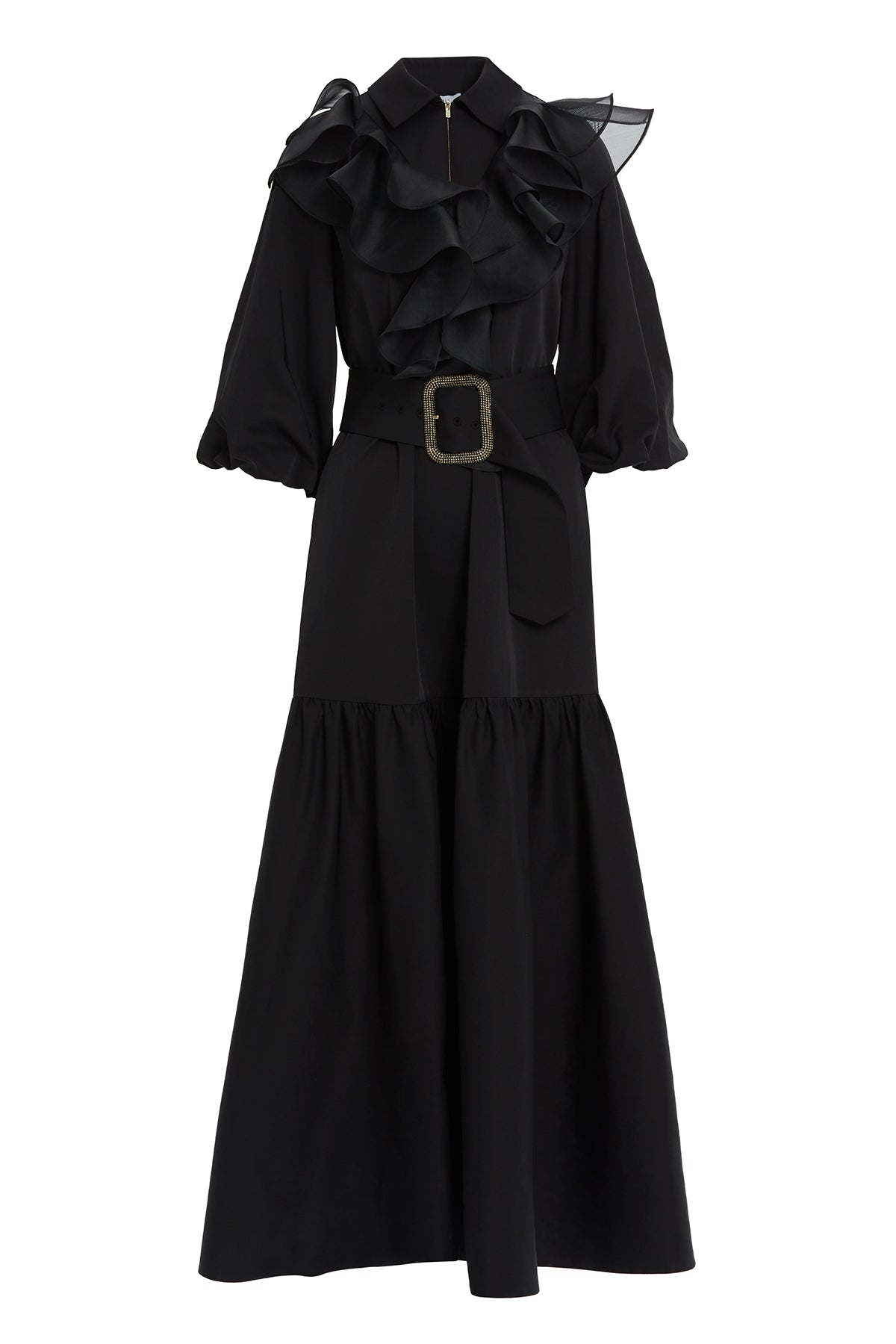 Fırfır Detaylı Truvakar Kollu Uzun Elbise