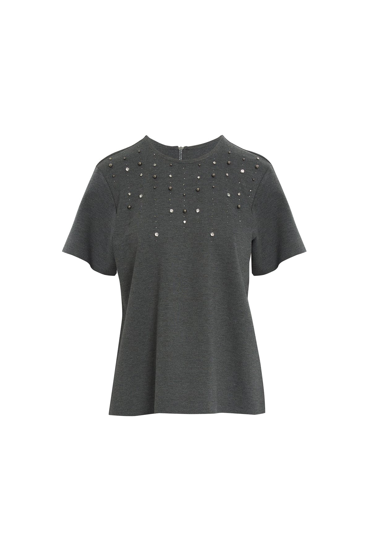 Önü Boncuk İşlemeli Kısa Kollu Gri T-shirt