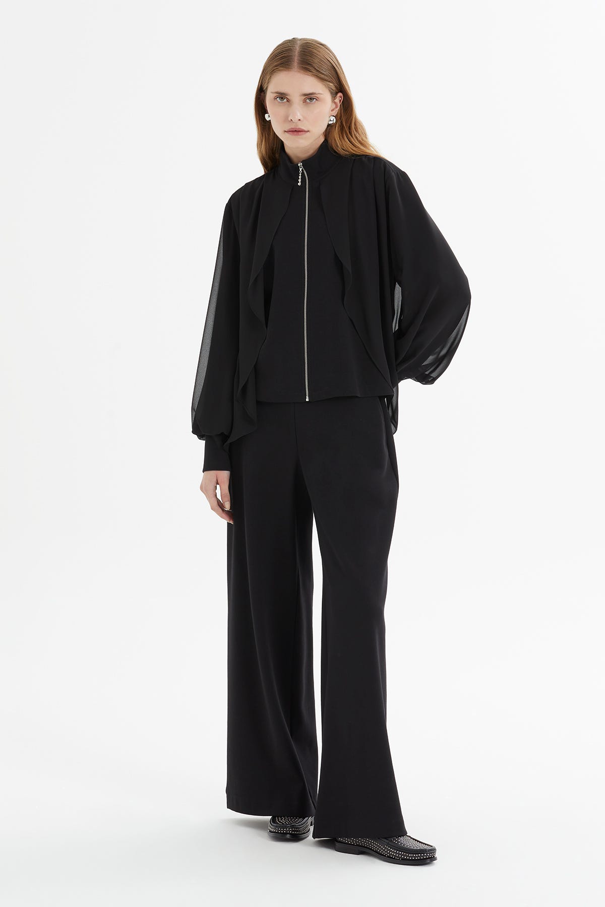 Dökümlü Ceketli Geniş Paça Takım