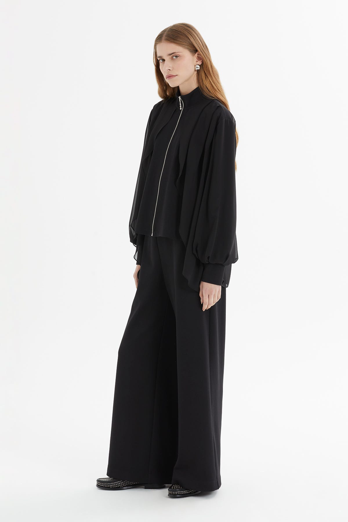 Dökümlü Ceketli Geniş Paça Takım