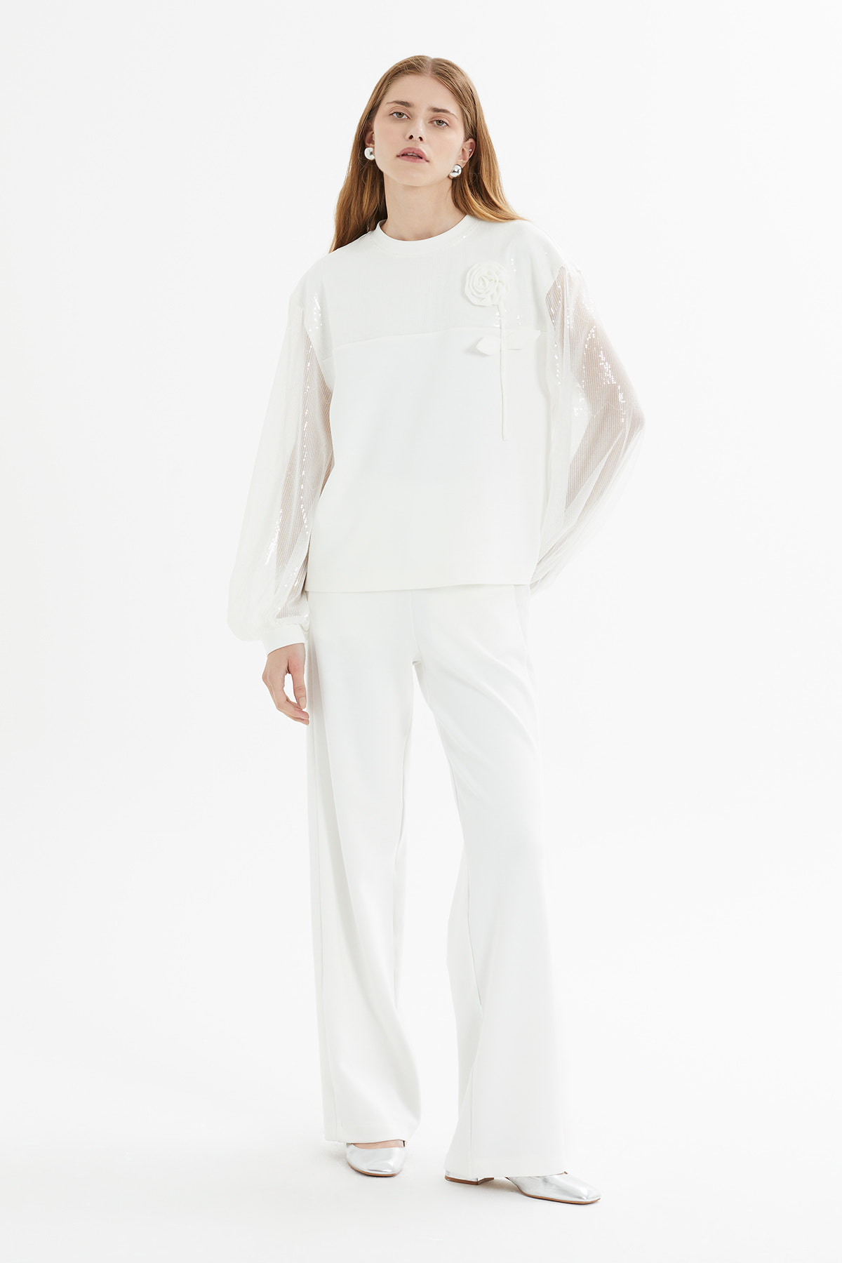 Transparan Kollu Ve Çiçek Aplikeli Takım