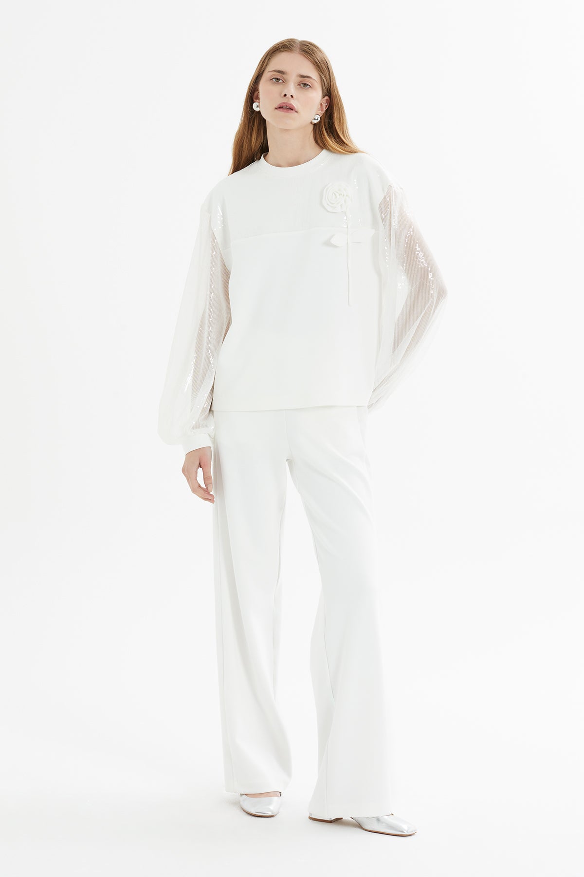 Transparan Kollu Ve Çiçek Aplikeli Takım