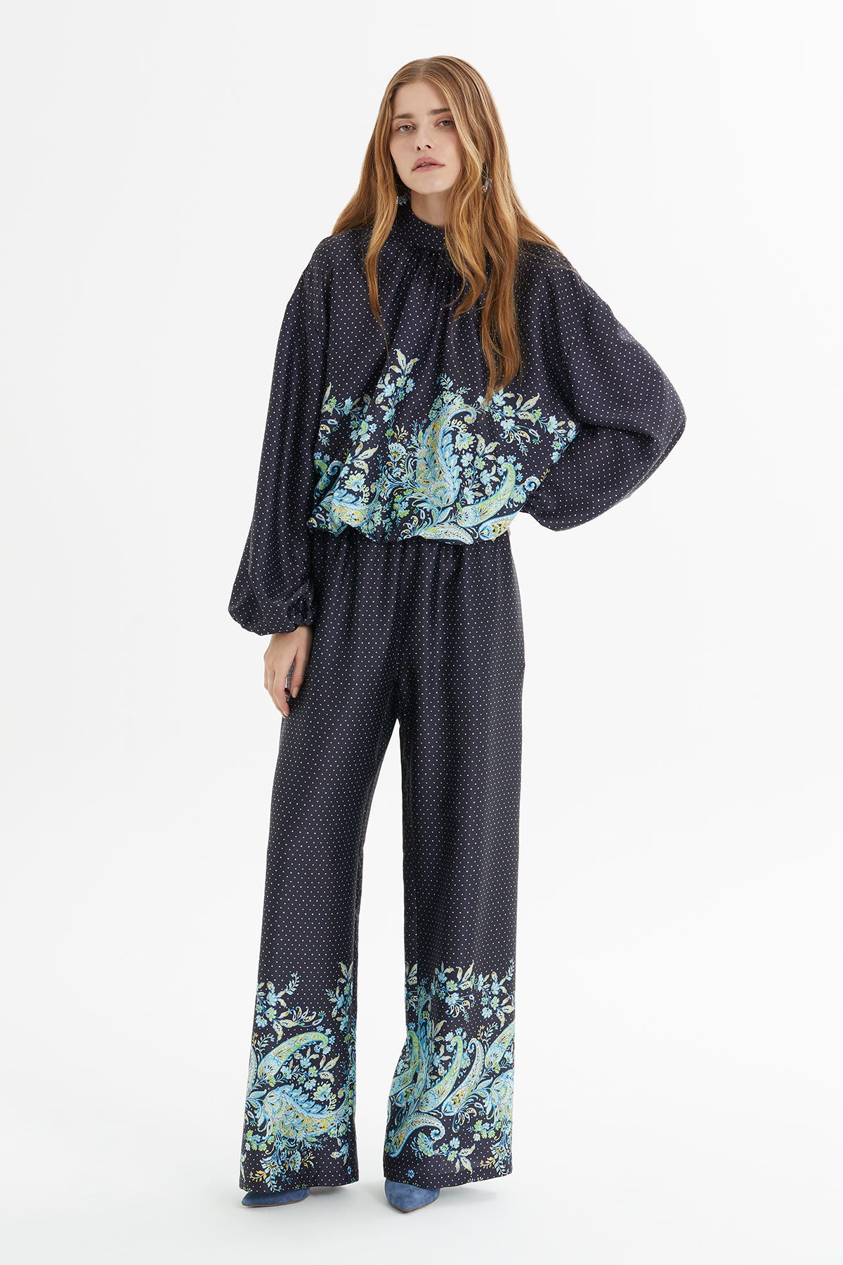 Balon Kollu Çiçek Desenli Puantiyeli Takım