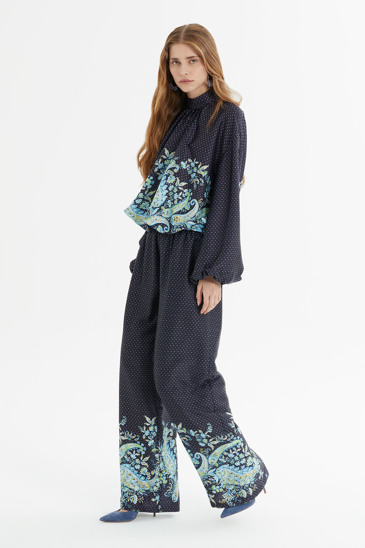 Balon Kollu Çiçek Desenli Puantiyeli Takım