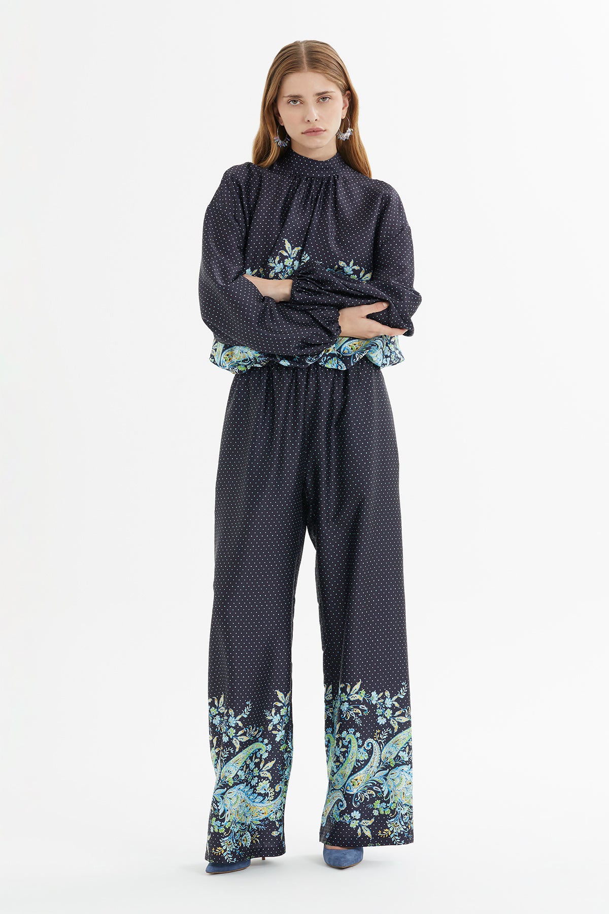 Balon Kollu Çiçek Desenli Puantiyeli Takım