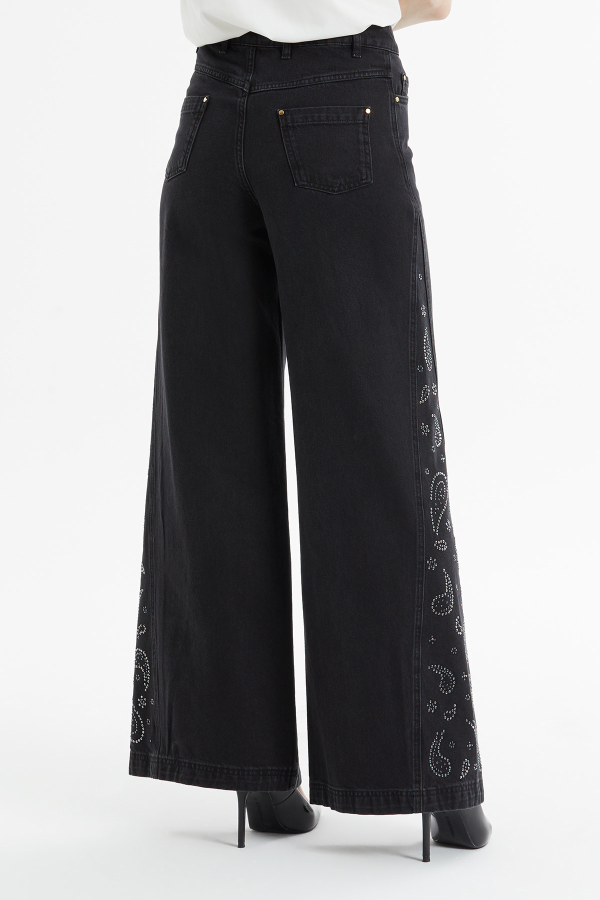 Düğmeli Geniş Paça Jean Pantolon