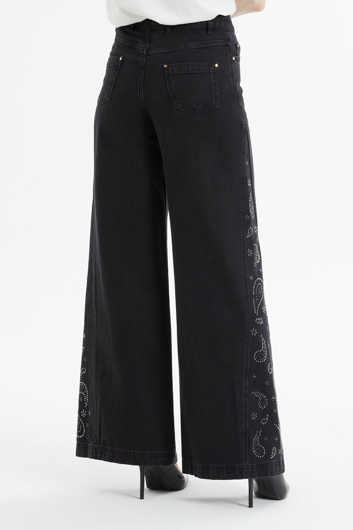 Düğmeli Geniş Paça Jean Pantolon