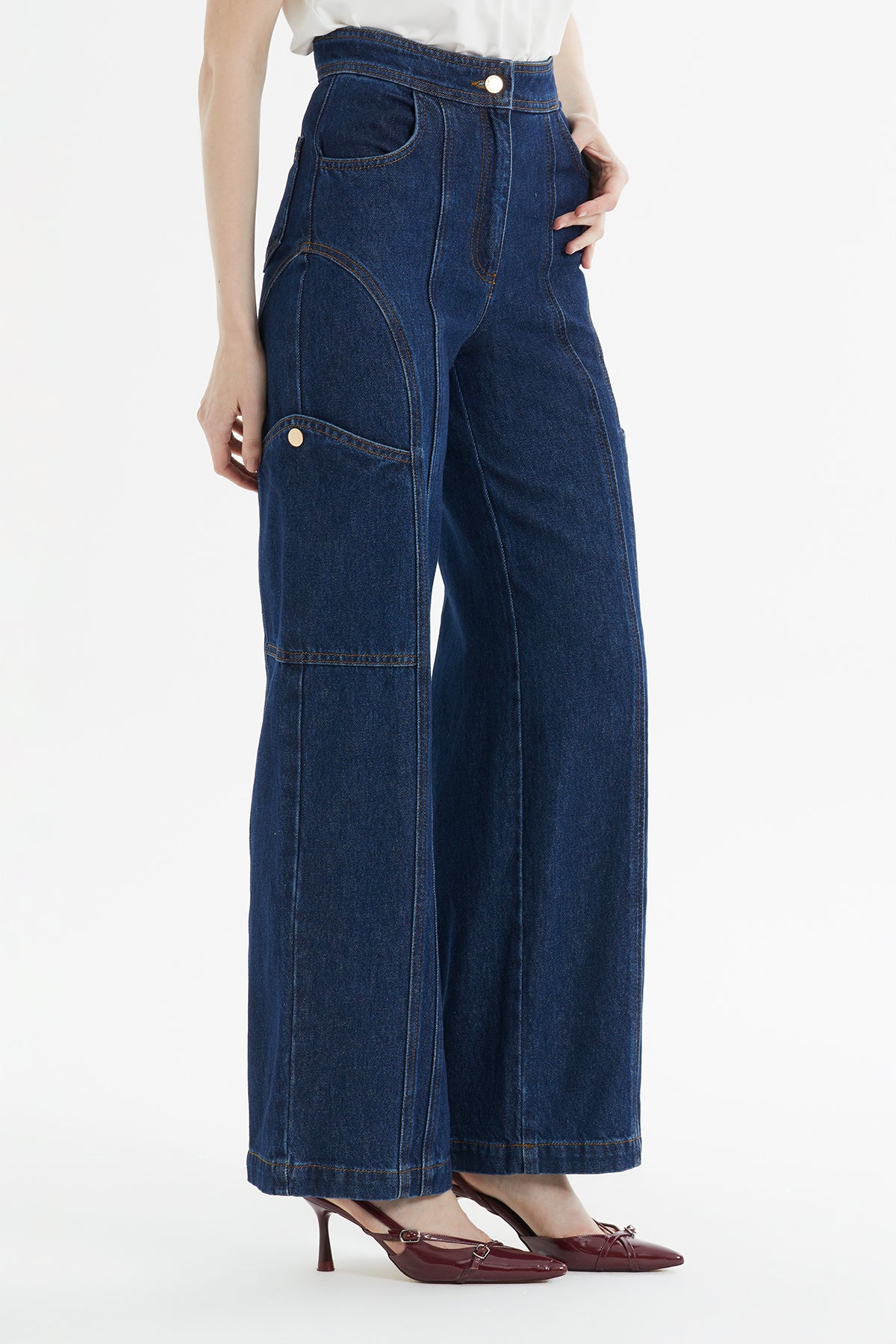 Parçalı Kontrast Dikiş Detaylı Kargo Denim Pantolon