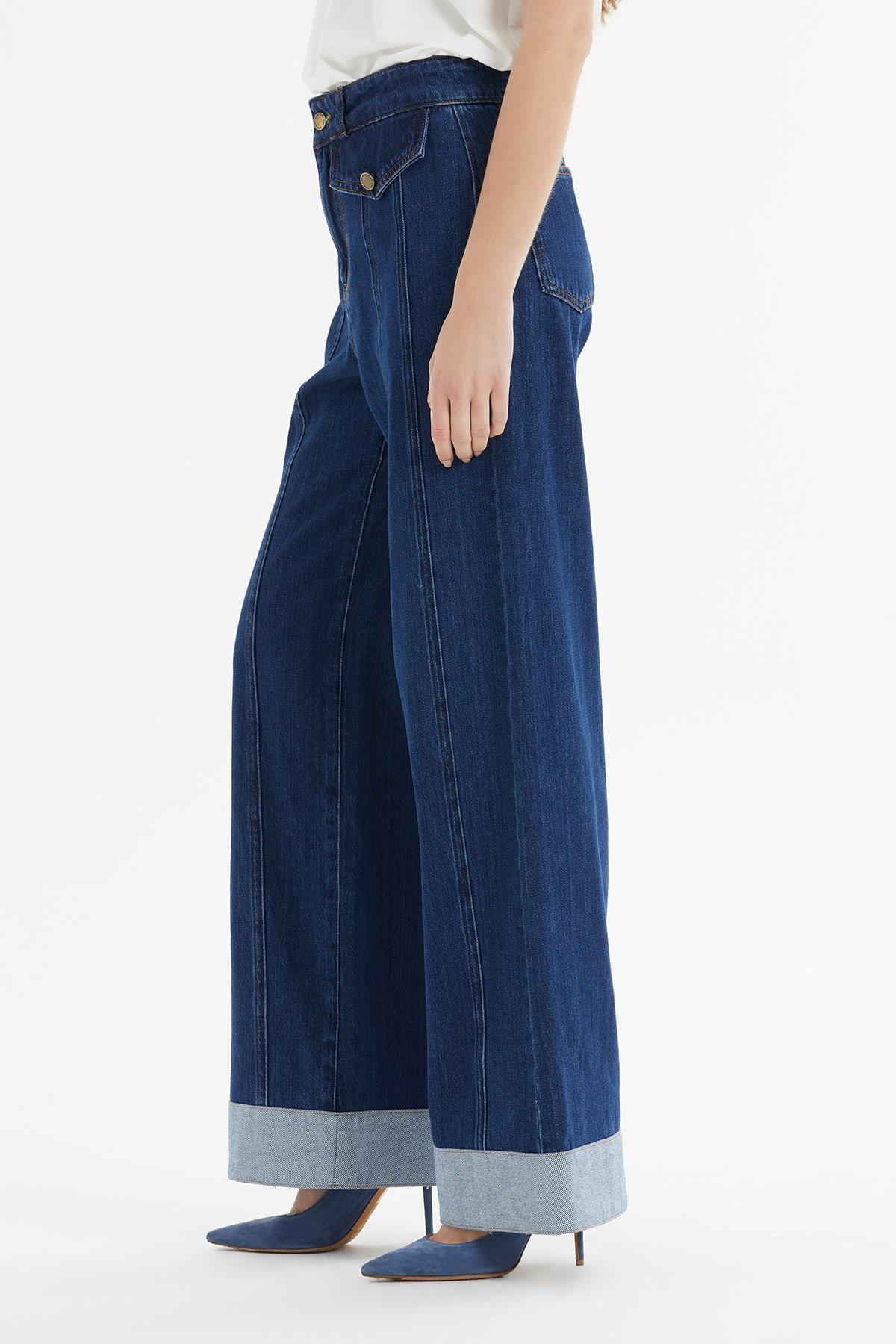 Cep Kapaklı Paçası Kemer Köprü Geçişli Geniş Paça Denim Pantolon