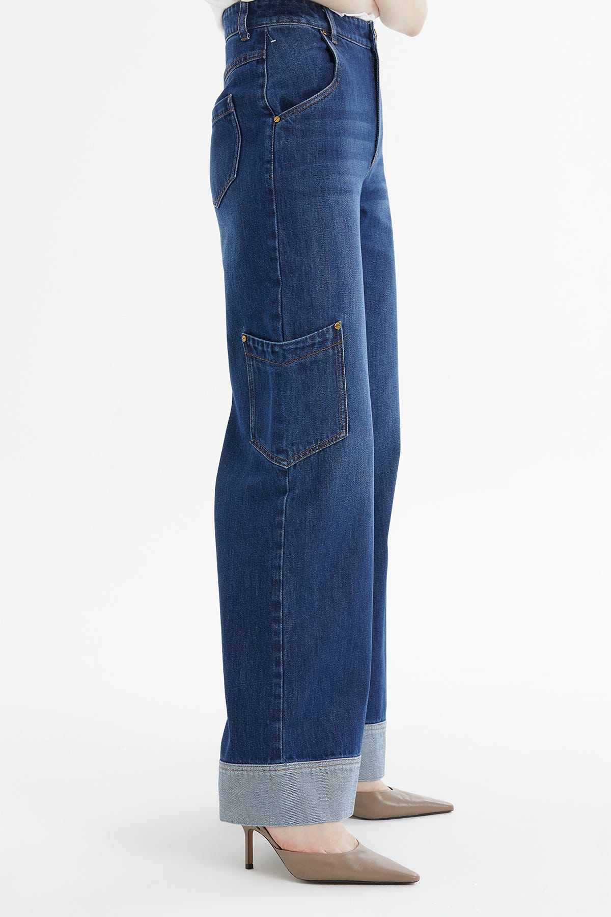 Geniş Paça Kıvrımlı Denim Pantolon