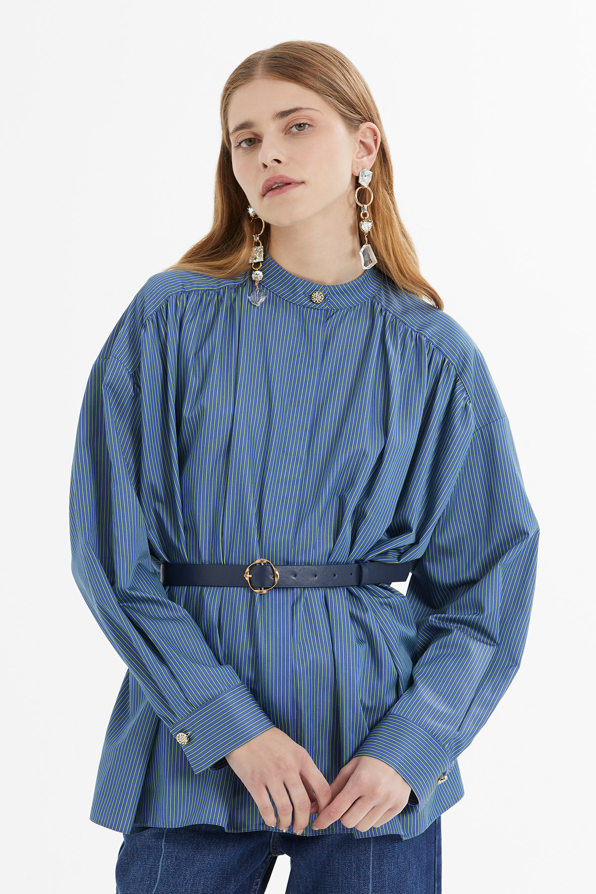 Yaka Fırfır Detaylı Ön Fermuarlı Çizgili Poplin Gömlek