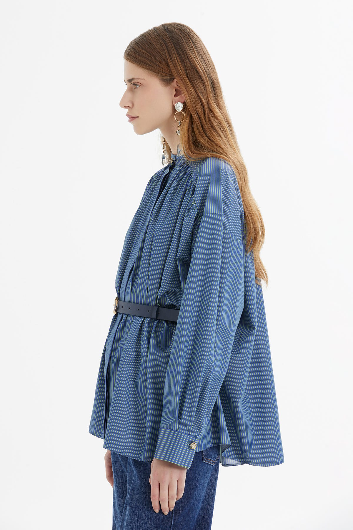 Yaka Fırfır Detaylı Ön Fermuarlı Çizgili Poplin Gömlek