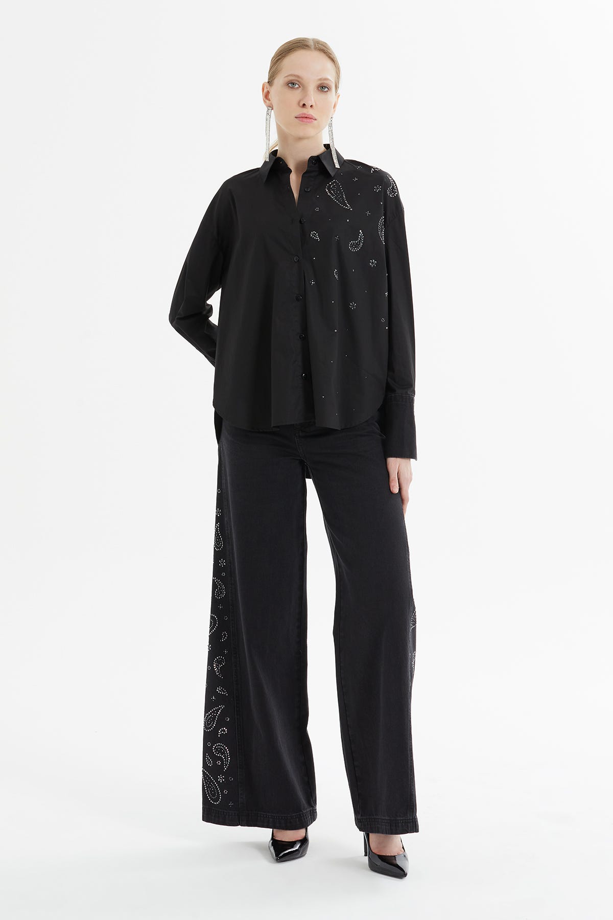 Denim Manşet Detaylı Logolu Rahat Kesim Dik Yaka Pamuk Gömlek