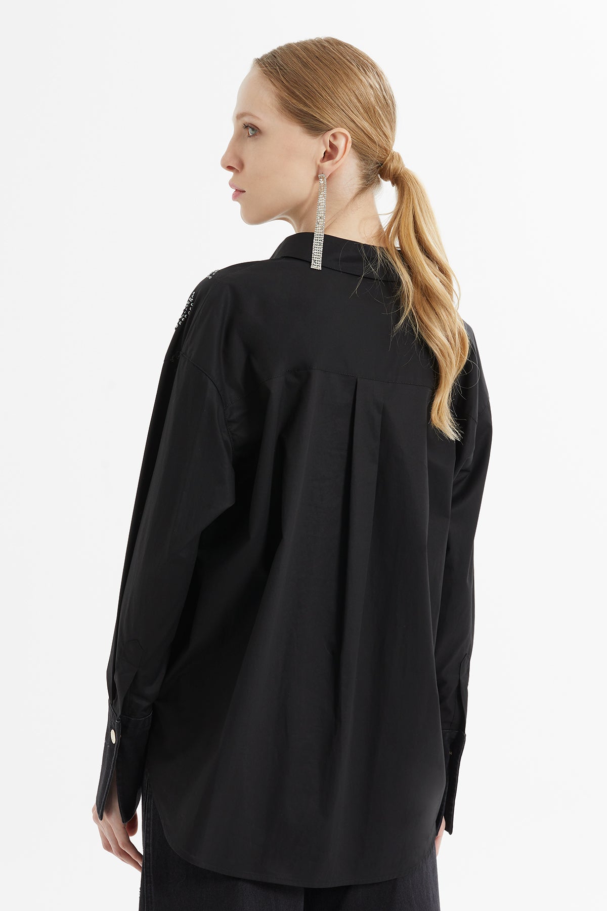 Denim Manşet Detaylı Logolu Rahat Kesim Dik Yaka Pamuk Gömlek