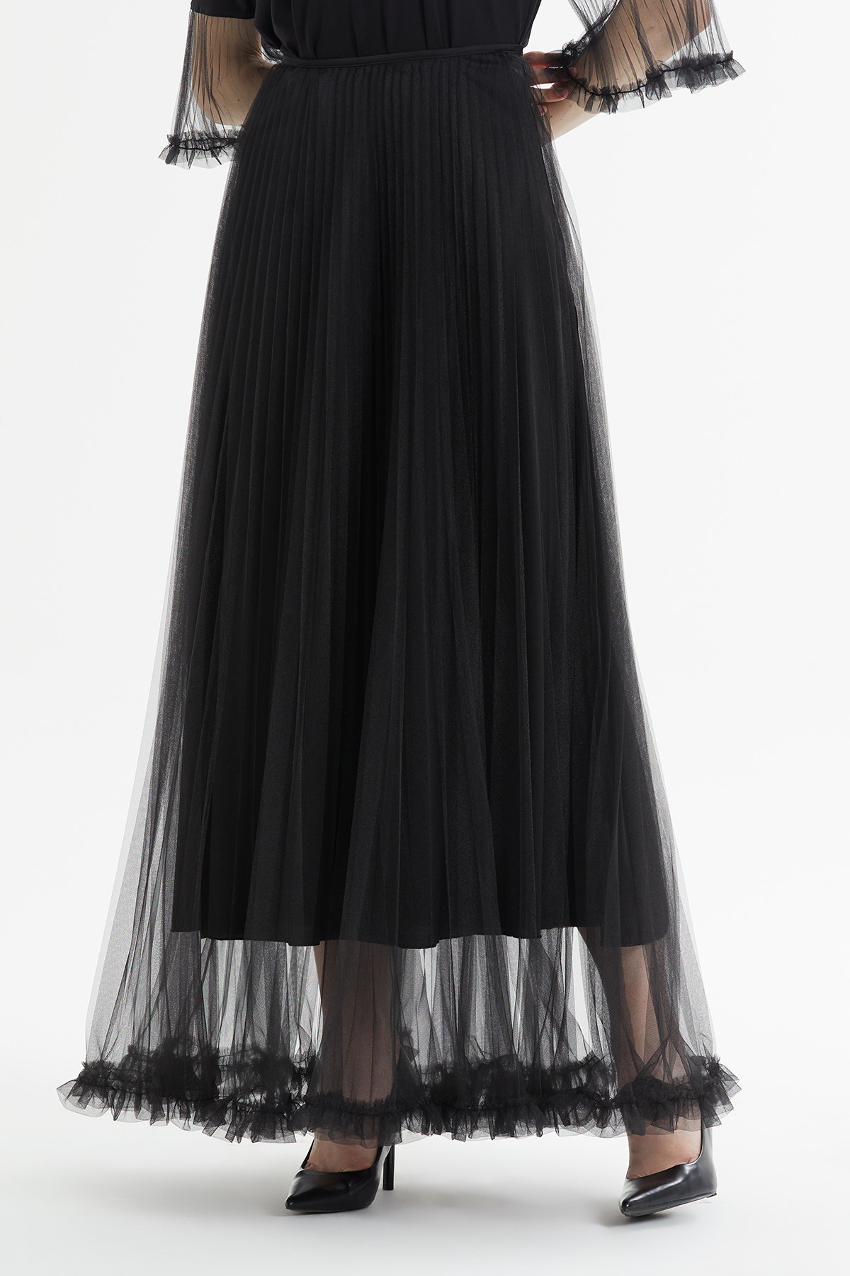 Plise Detaylı Etek Ucu Fırfırlı Uzun Etek