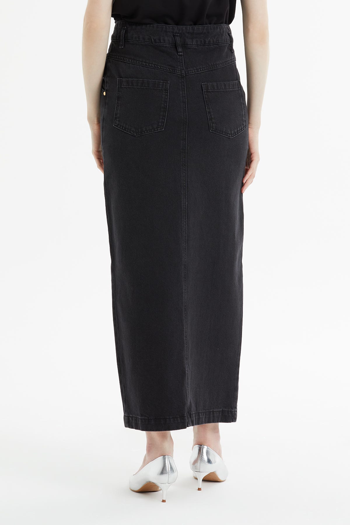 Yüksek Bel Ön Yırtmaçlı Denim Etek