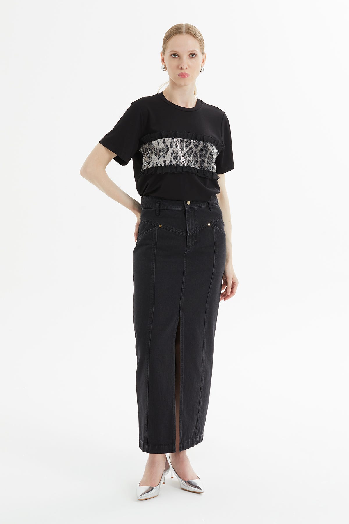 Yüksek Bel Ön Yırtmaçlı Denim Etek